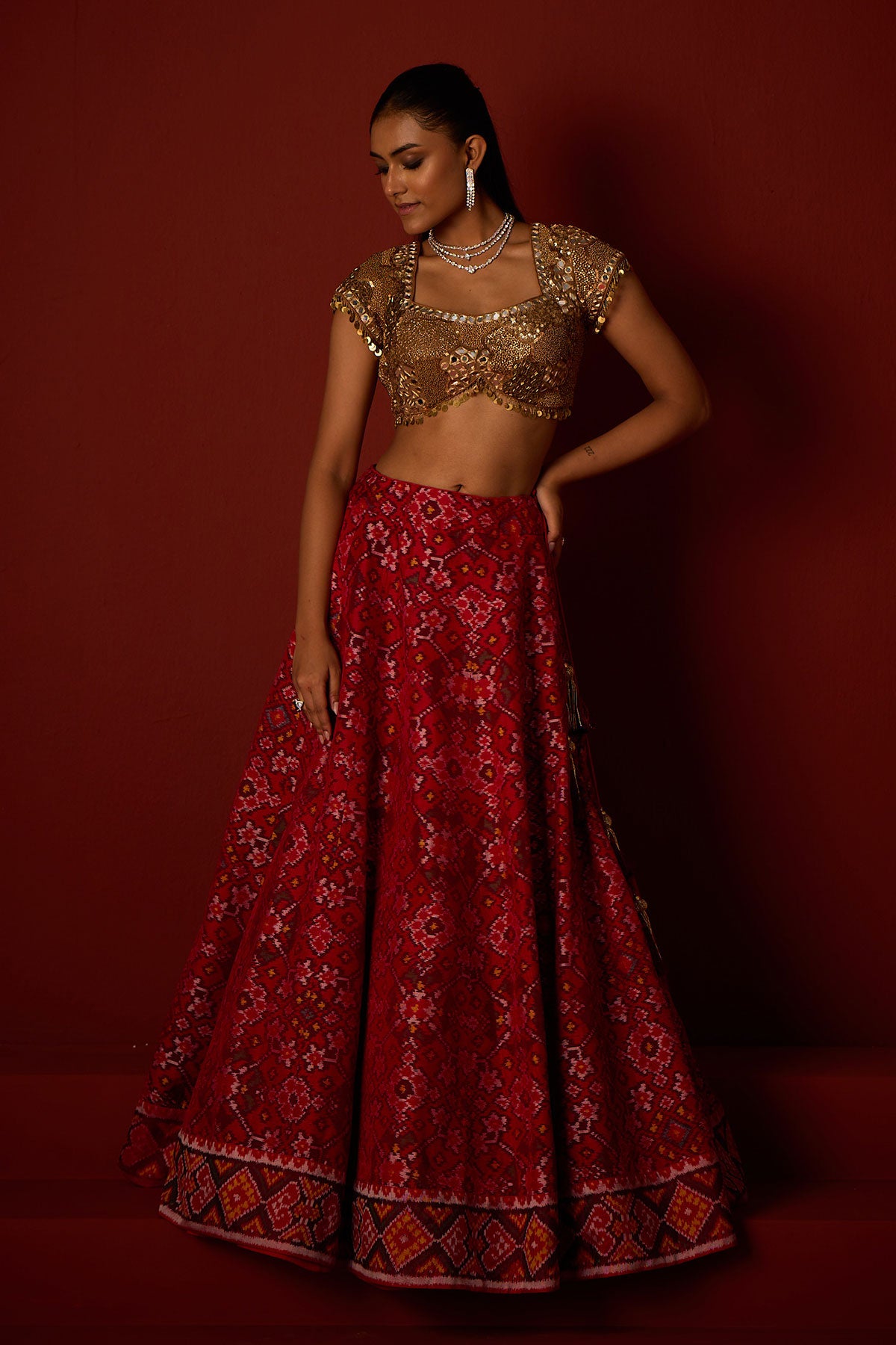 Patola Lehanga and Golden Embellished Blouse and Banarasi Bandhani Dupatta