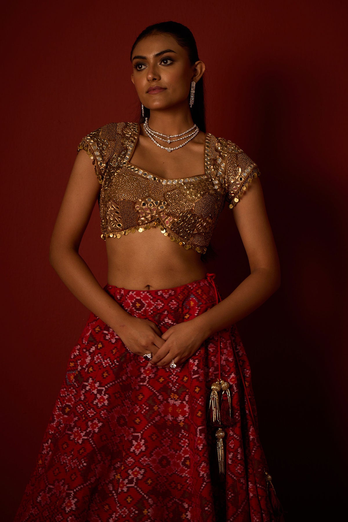 Patola Lehanga and Golden Embellished Blouse and Banarasi Bandhani Dupatta