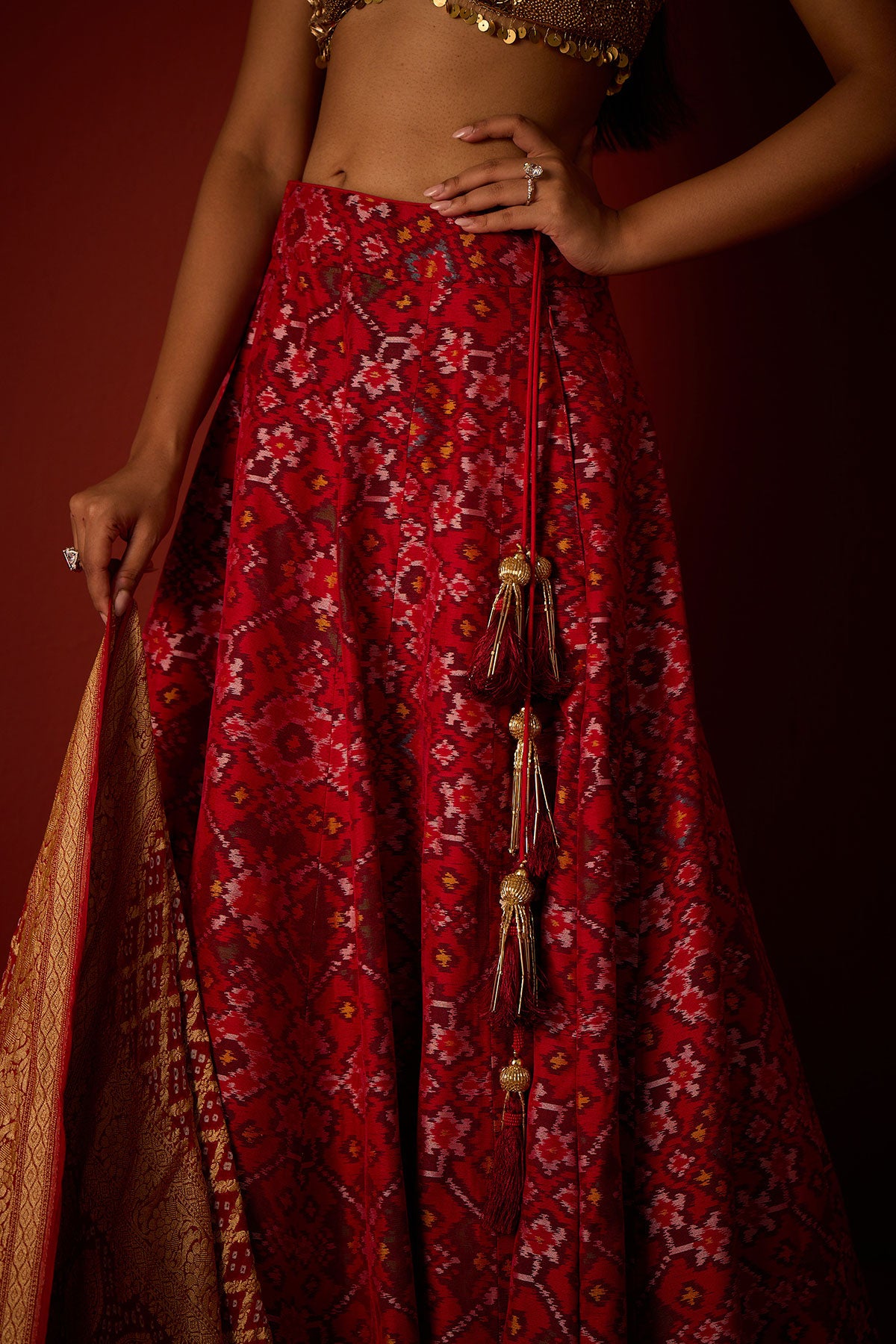 Patola Lehanga and Golden Embellished Blouse and Banarasi Bandhani Dupatta