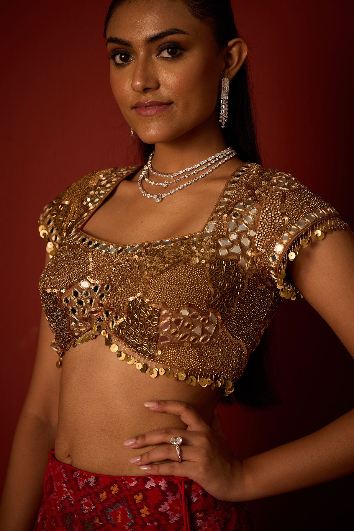 Patola Lehanga and Golden Embellished Blouse and Banarasi Bandhani Dupatta