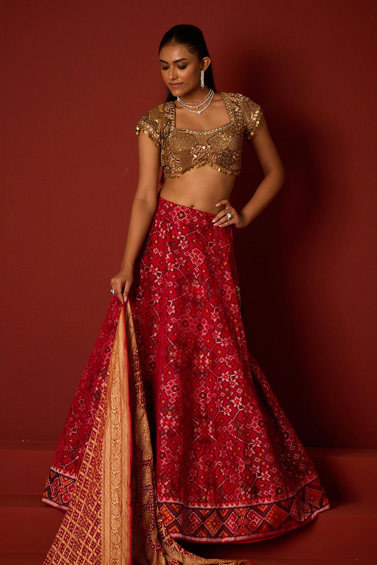 Patola Lehanga and Golden Embellished Blouse and Banarasi Bandhani Dupatta