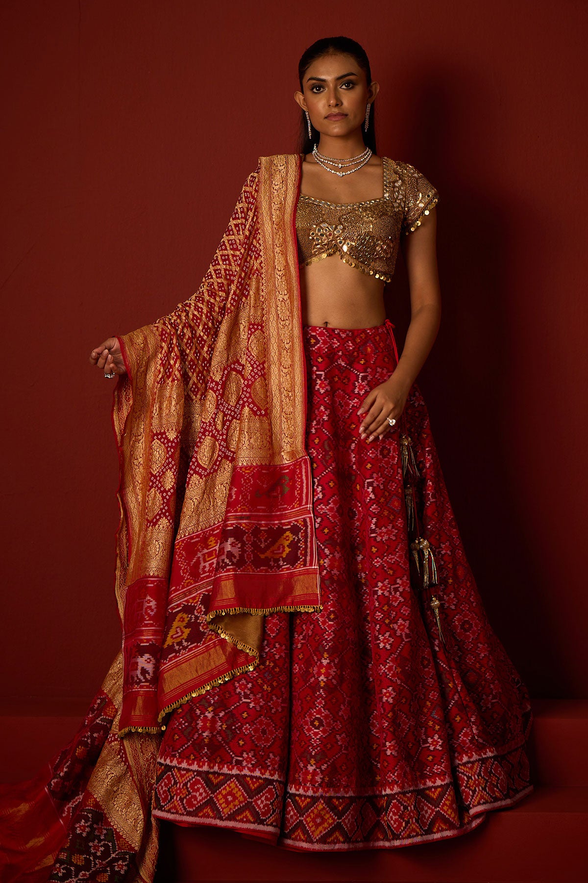 Patola Lehanga and Golden Embellished Blouse and Banarasi Bandhani Dupatta