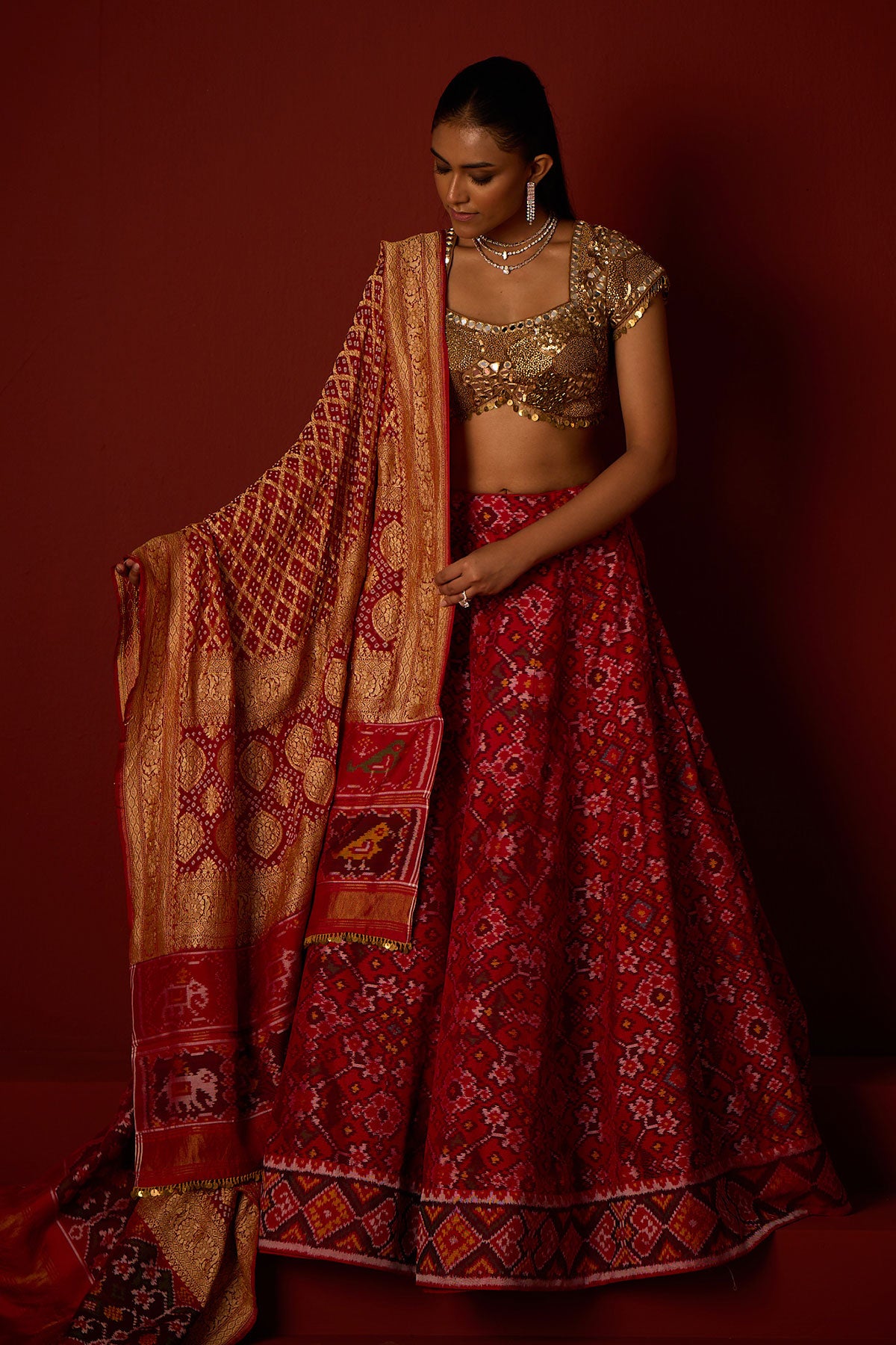 Patola Lehanga and Golden Embellished Blouse and Banarasi Bandhani Dupatta