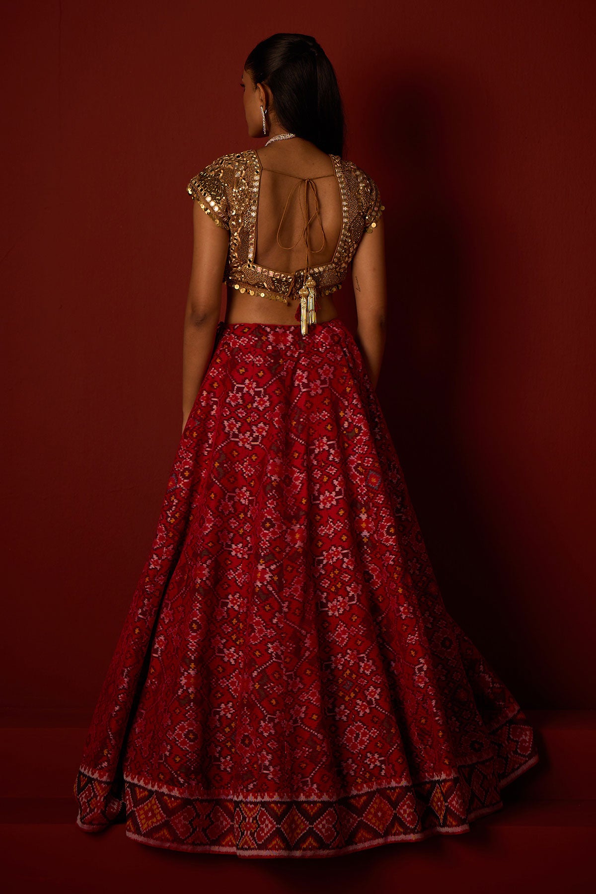 Patola Lehanga and Golden Embellished Blouse and Banarasi Bandhani Dupatta