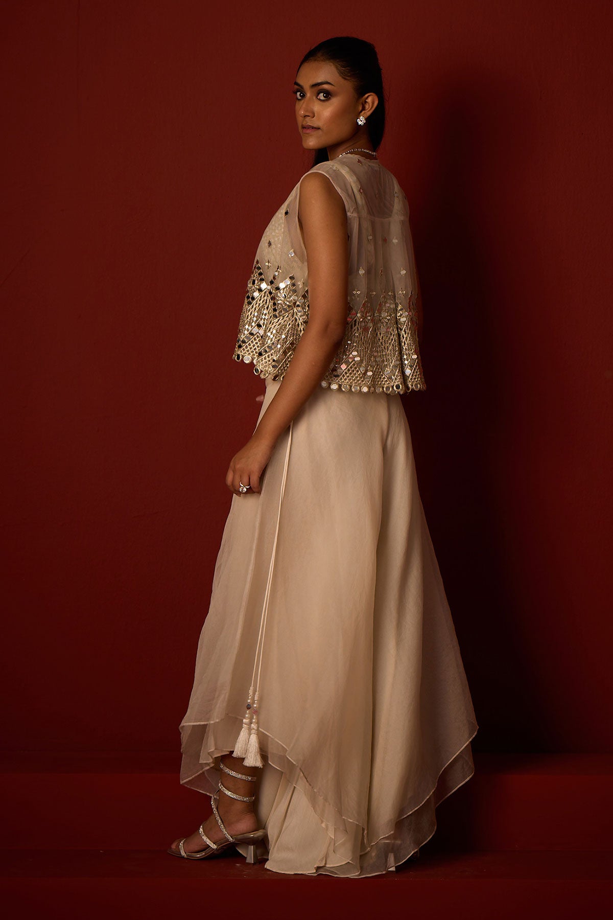 Asymetrical Jacket and Bralette and Organza Asymetrical Flared Pants