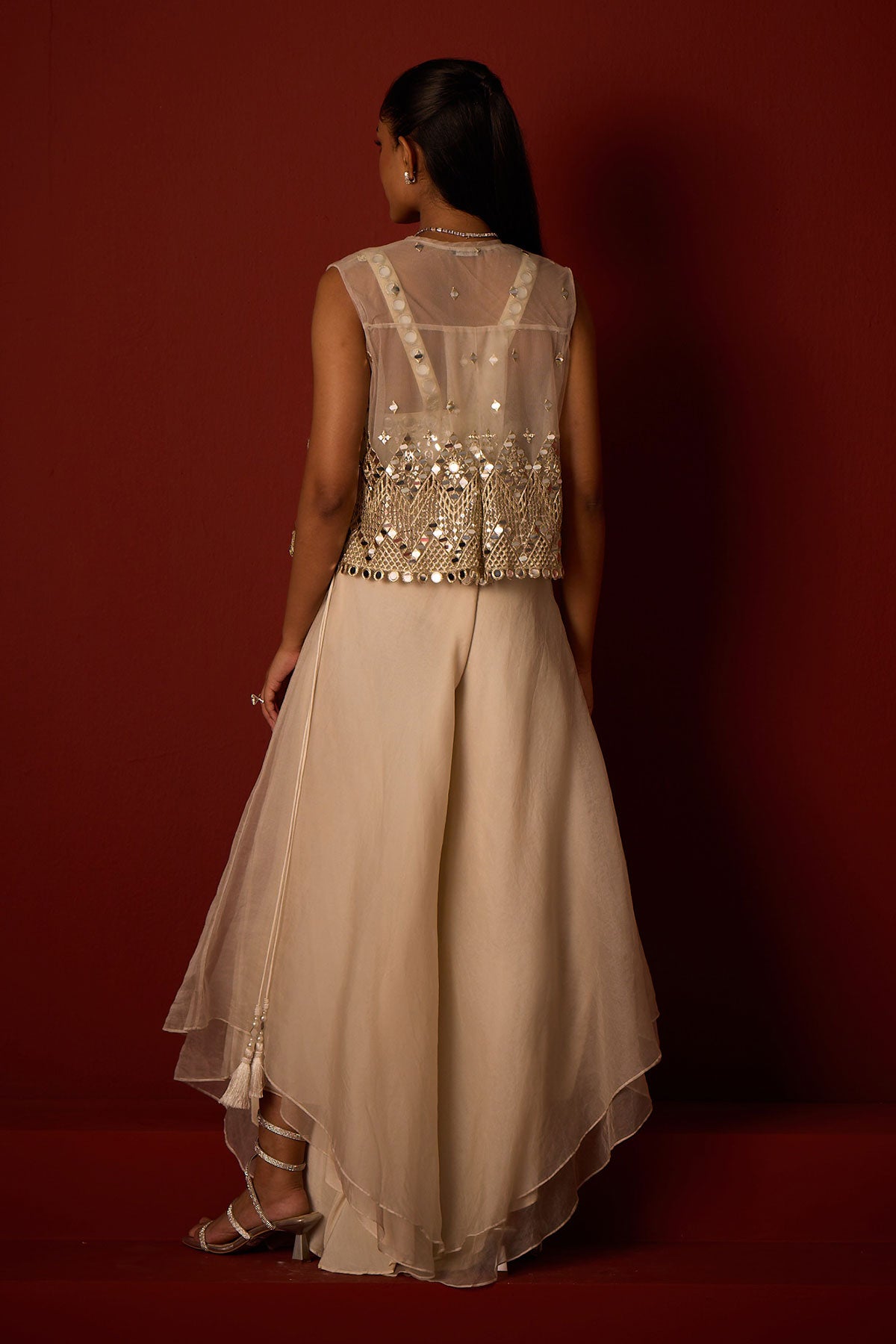 Asymetrical Jacket and Bralette and Organza Asymetrical Flared Pants