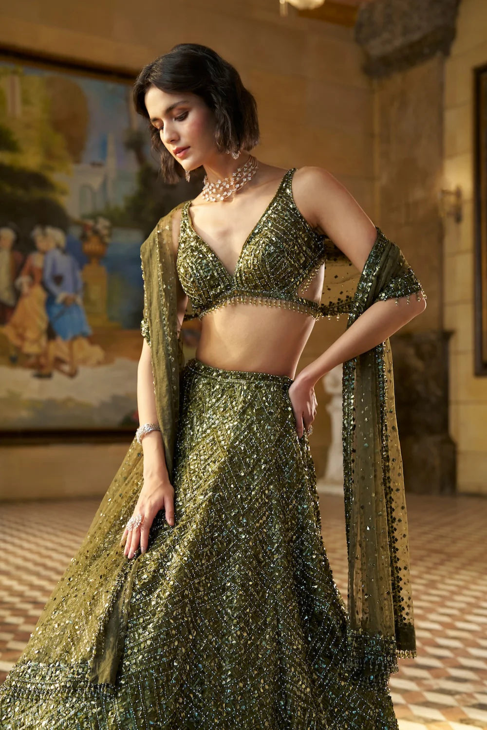Moss Green Sequin Lehenga Set