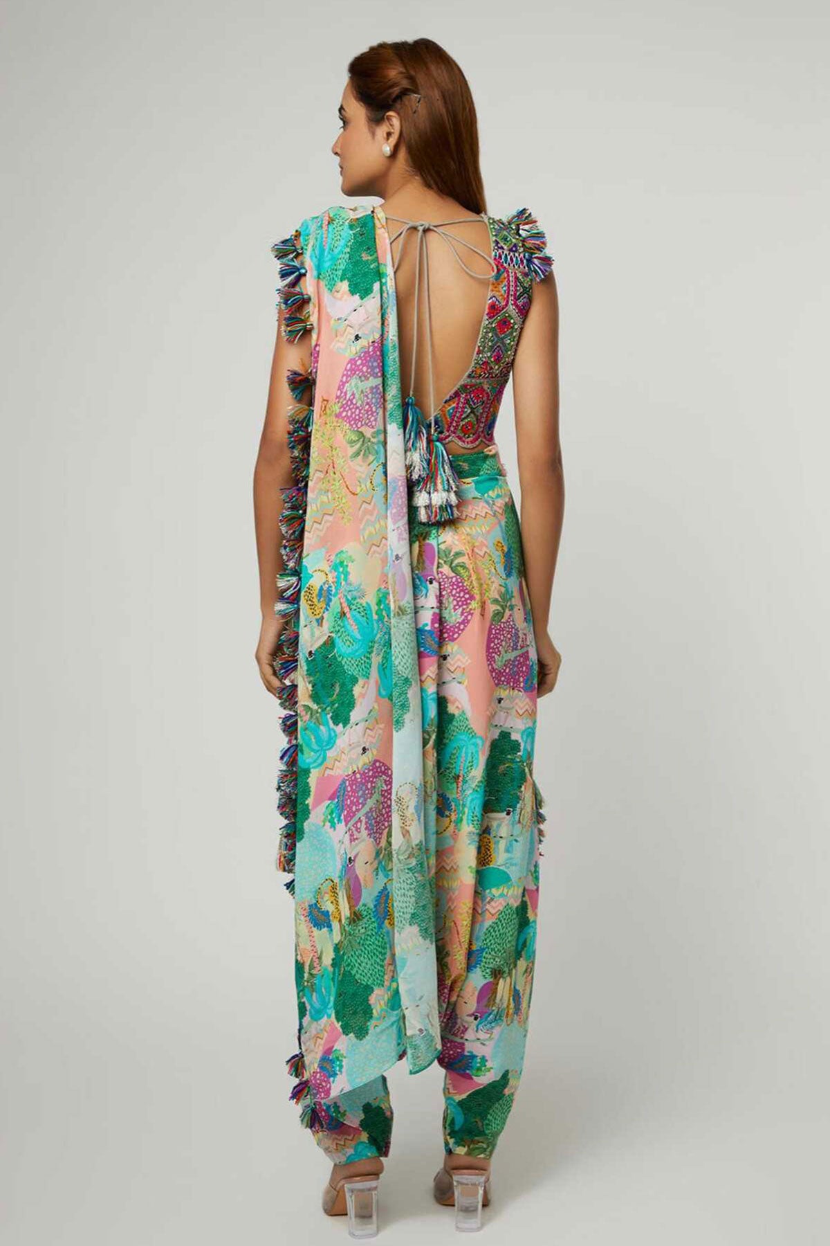 Multi Color Crepe Printed Forest V-neck Pre-draped Pant Saree With Blouse - Ready to Ship