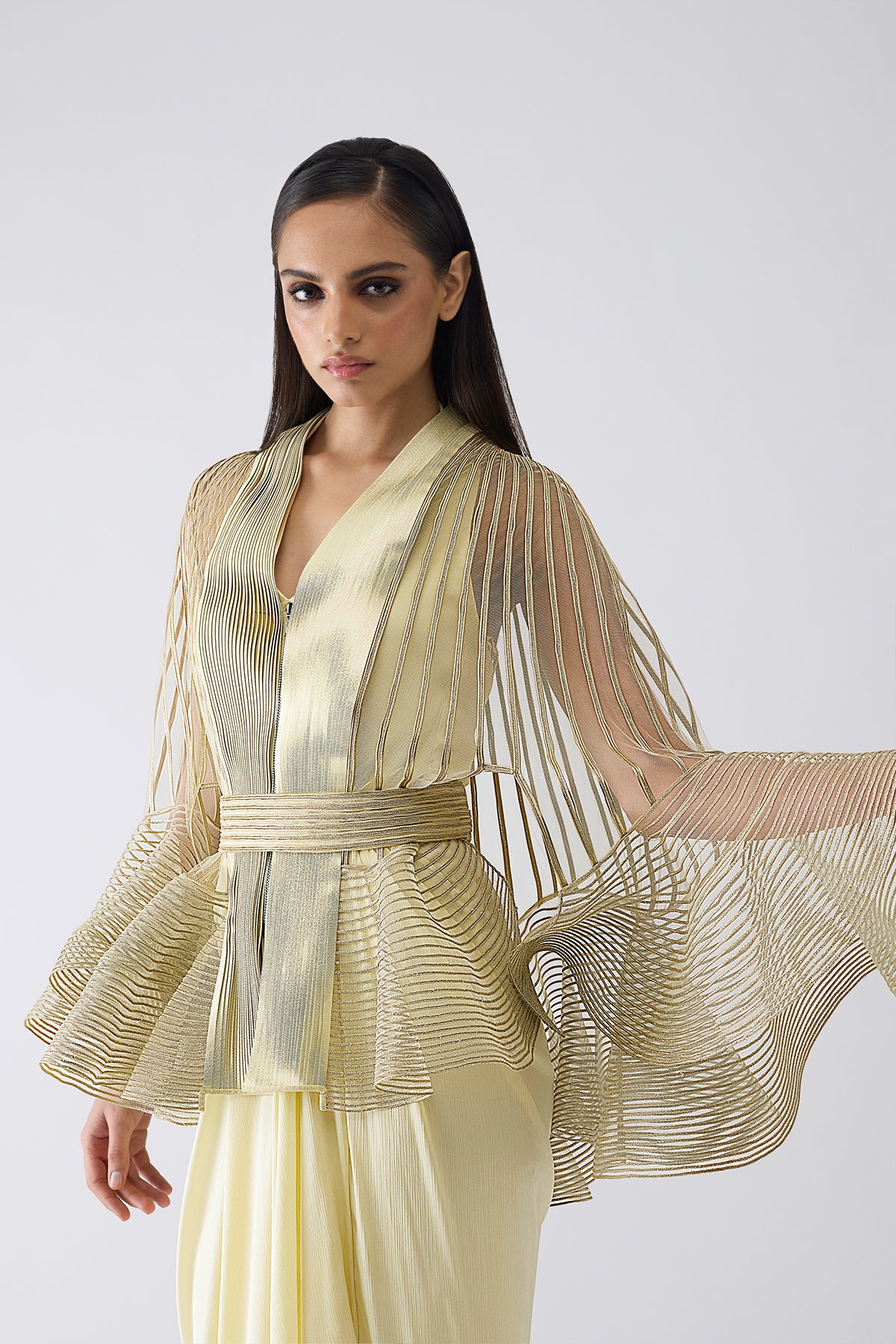 Metallic Corded Ruffle Cape And Dress With Belt