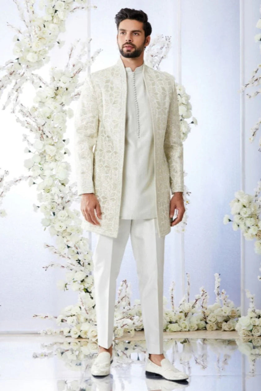 Antique Silver Open Short Sherwani Set