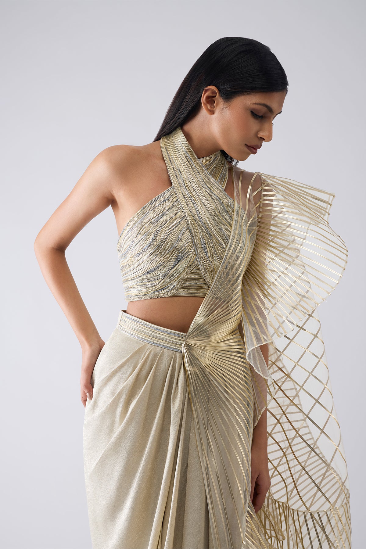 Metallic Winged Ruffle Saree With Ruffle