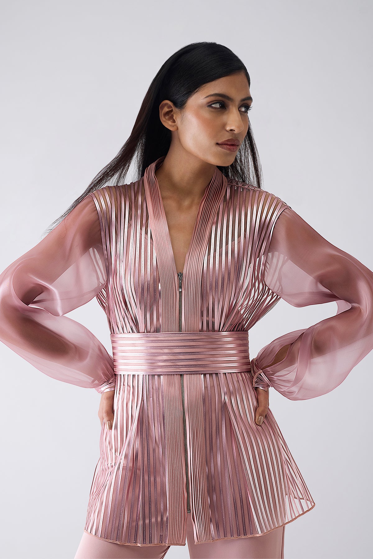 Metallic Structured Cape With Pants And Slip And Belt