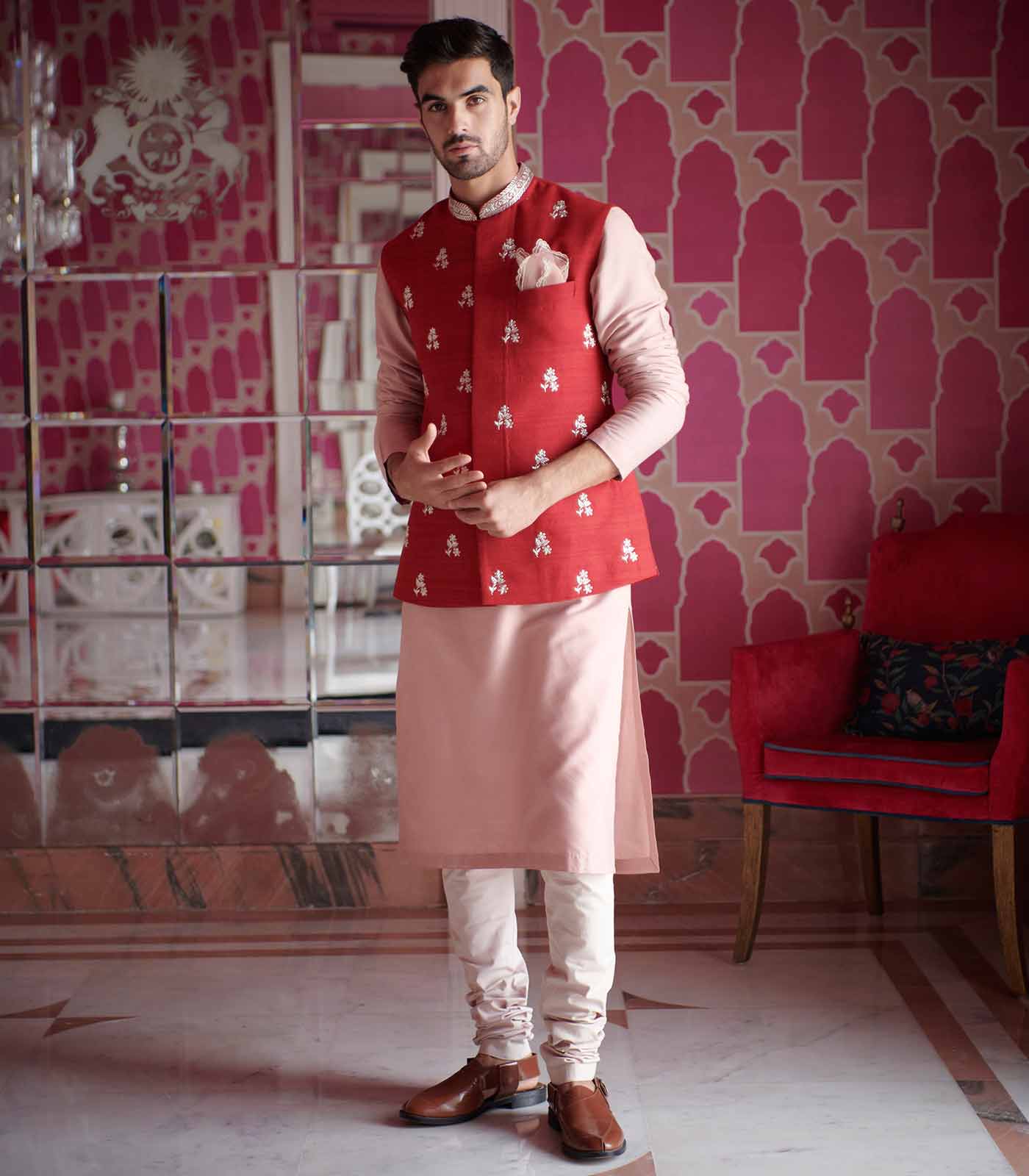 RED RAWSILK BUTTI ZARDOSI EMBROIDERED BANDI SET