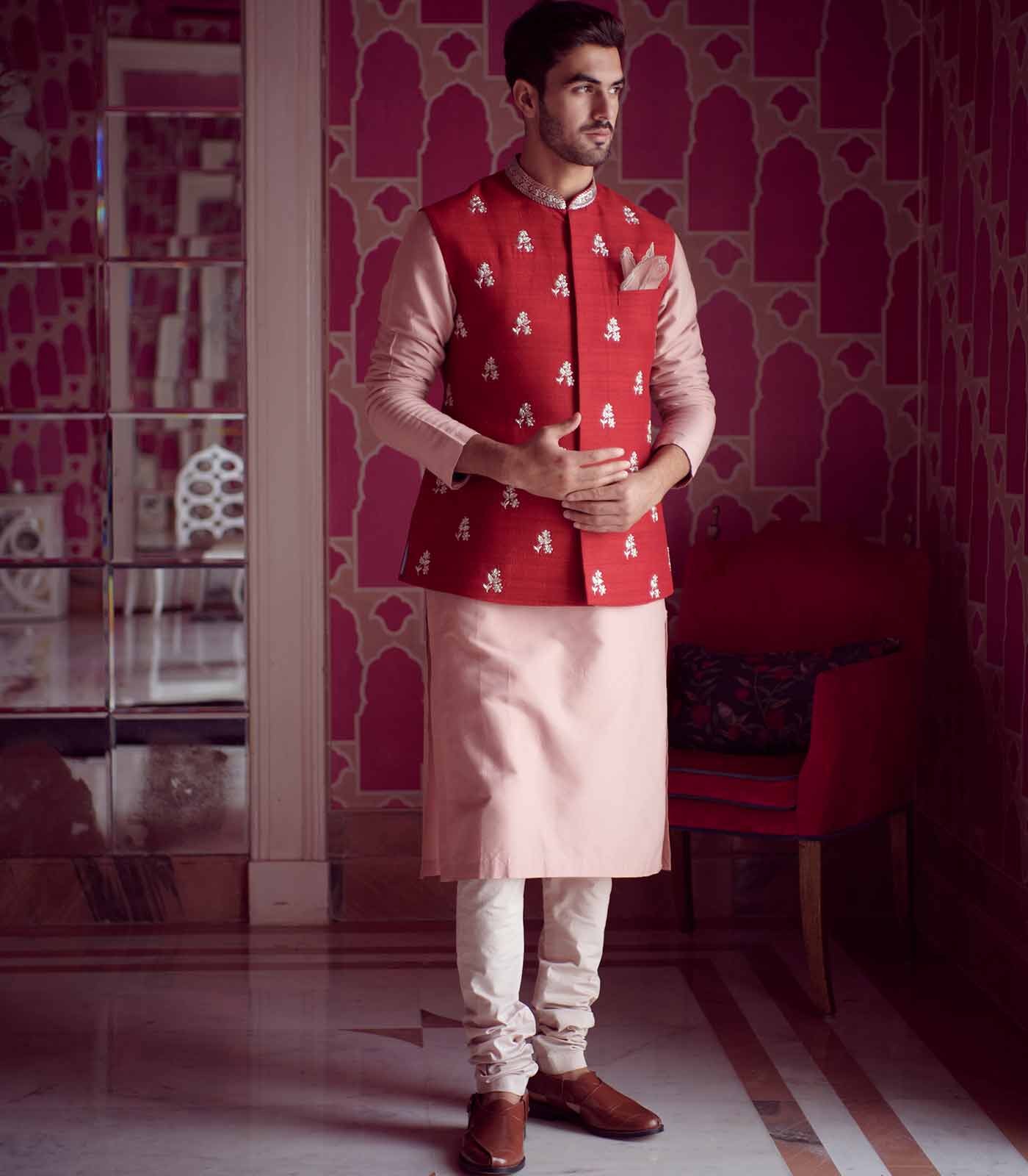 RED RAWSILK BUTTI ZARDOSI EMBROIDERED BANDI SET