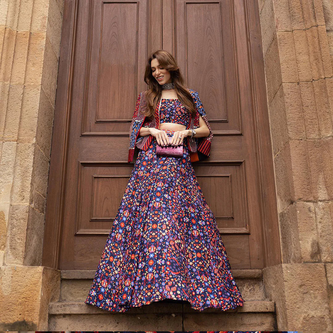 RASA BLUE JAAL PRINT LEHENGA WITH BUSTIER AND PATCHWORK NOOR JACKET