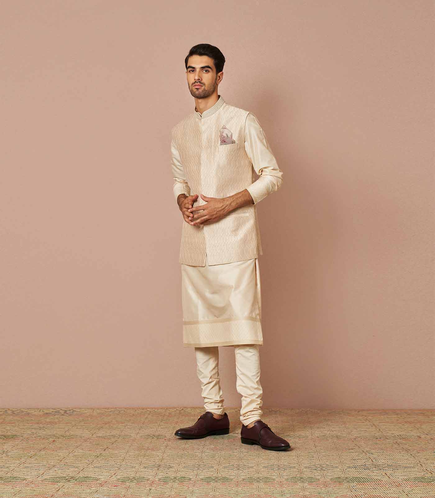 IVORY RAWSILK ADAM THREADWORK EMBROIDERED BANDI SET