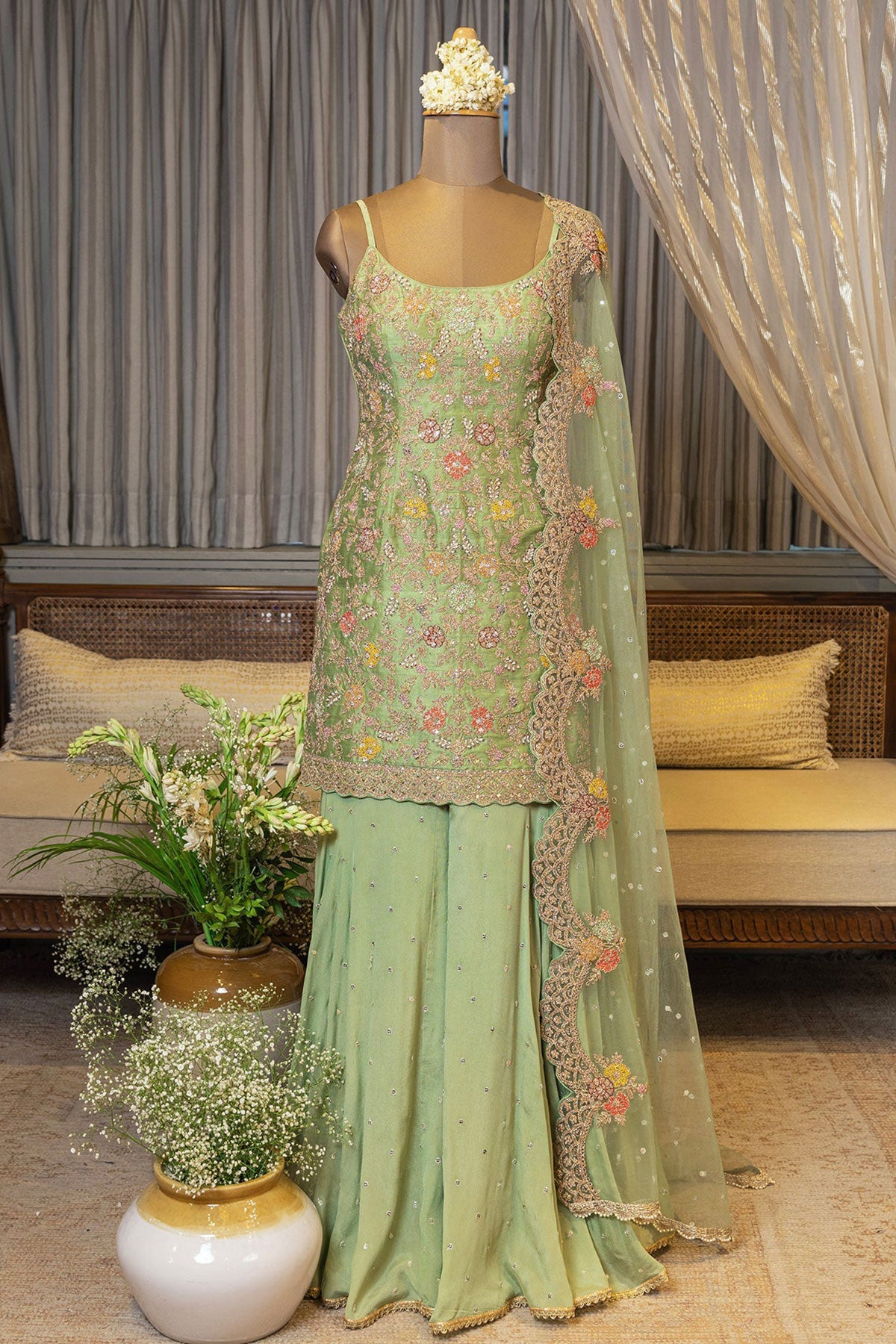 green emerald velvet dress Dusty Green Embroidered Sharara Suit