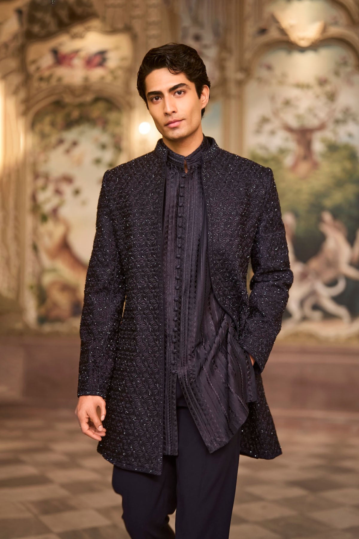 Navy Open Sherwani Set