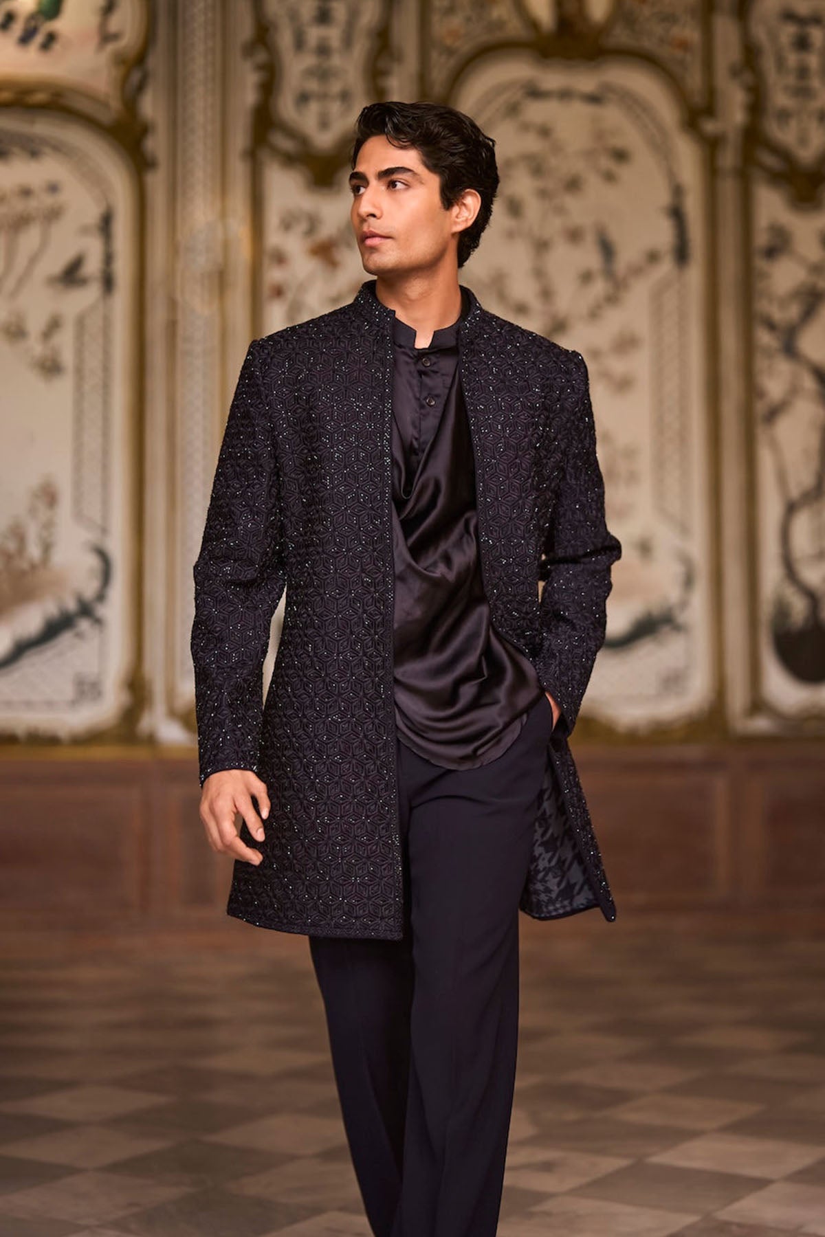 Navy Open Sherwani Set