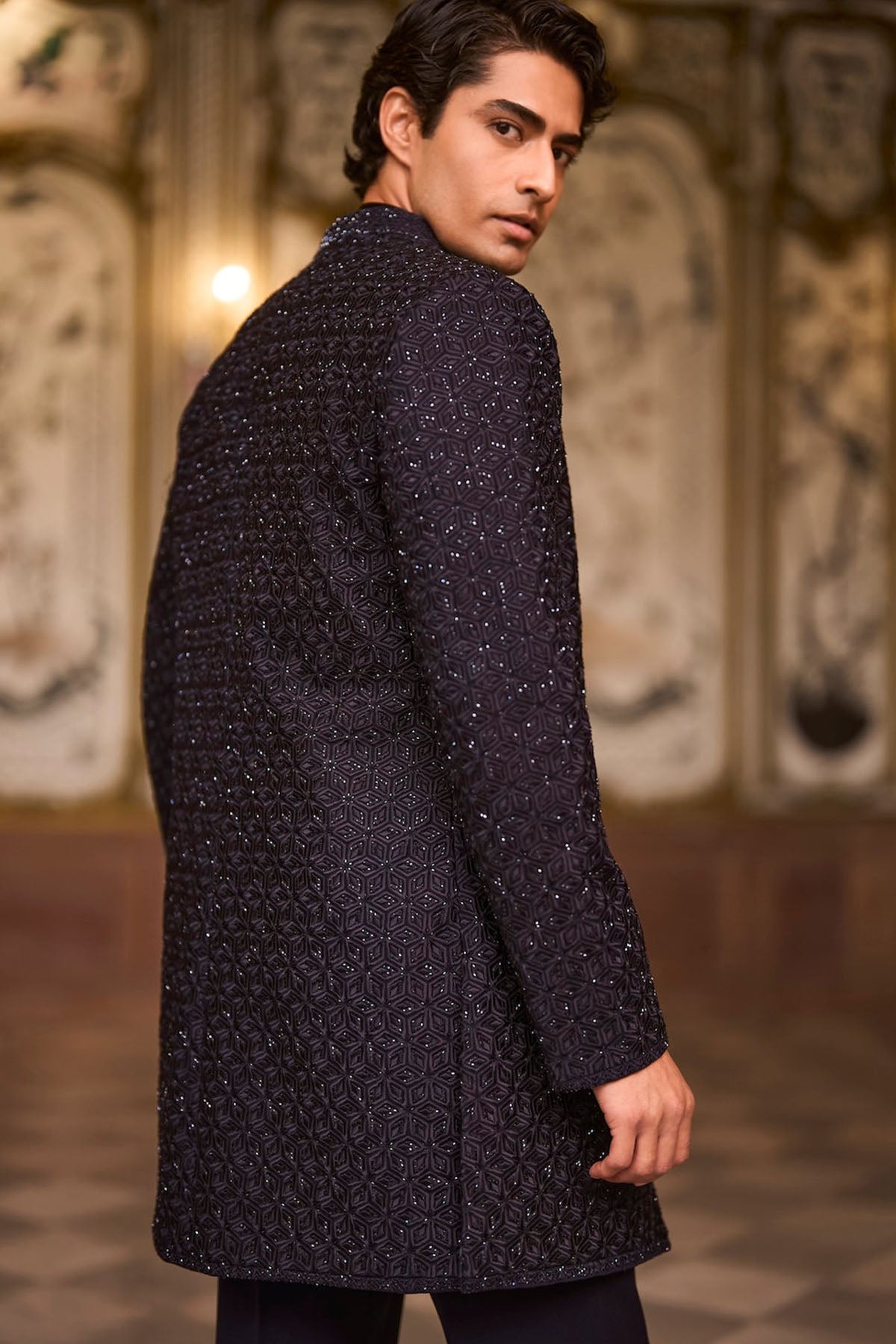 Navy Open Sherwani Set