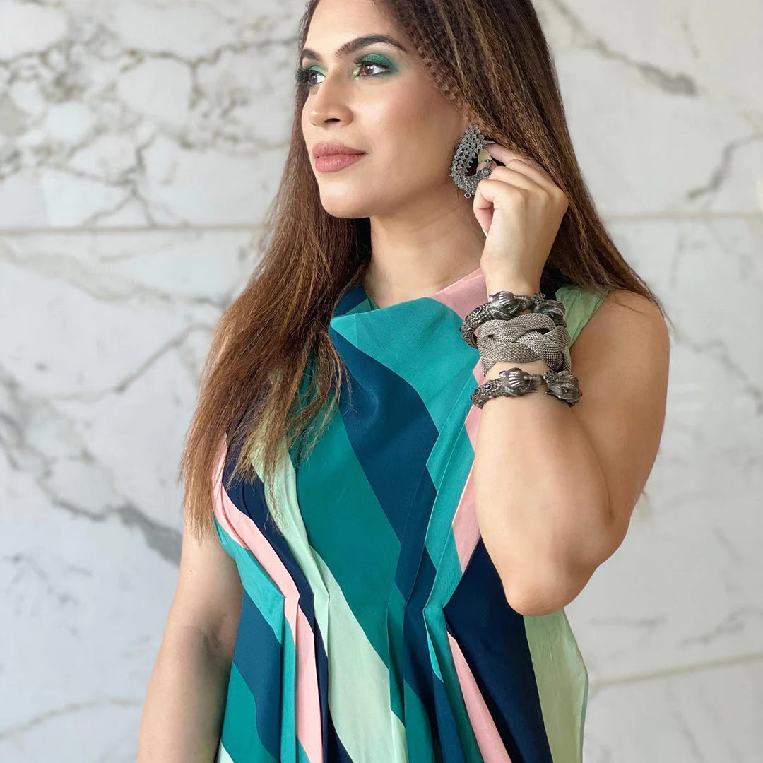 MAF STRIPES PRINT CROP TOP WITH ATTACHED DRAPE AND PANTS MULTI