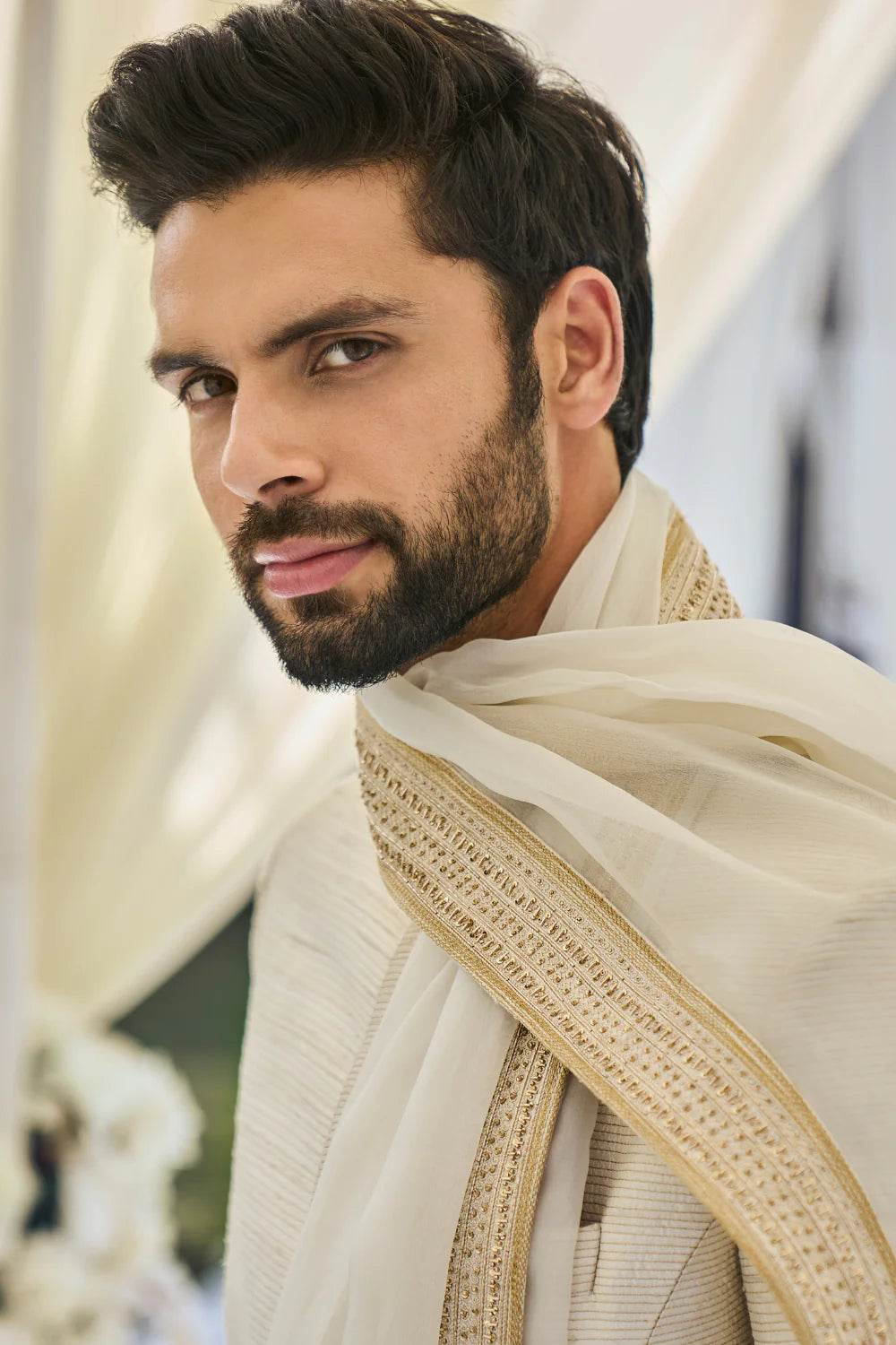 Cream Gold Sherwani Set