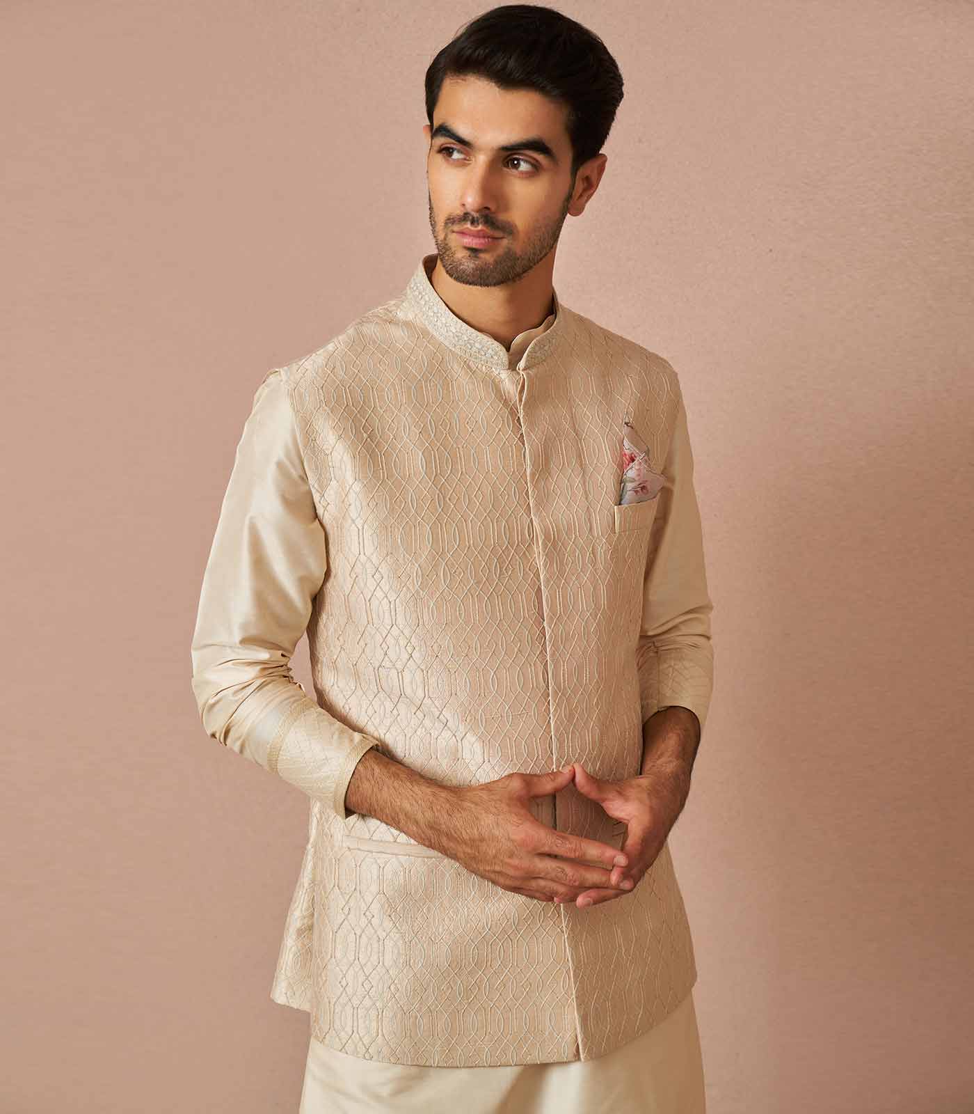 IVORY RAWSILK ADAM THREADWORK EMBROIDERED BANDI SET