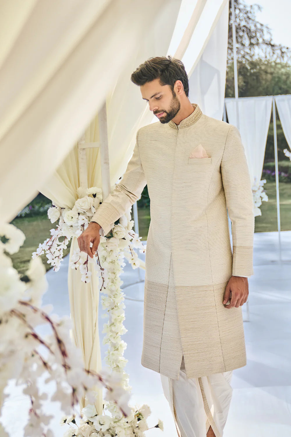 Cream Gold Sherwani Set