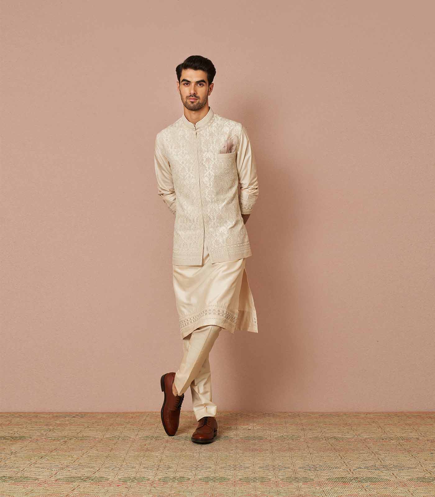 IVORY RAWSILK ARMAAN EMBROIDERED BANDI SET