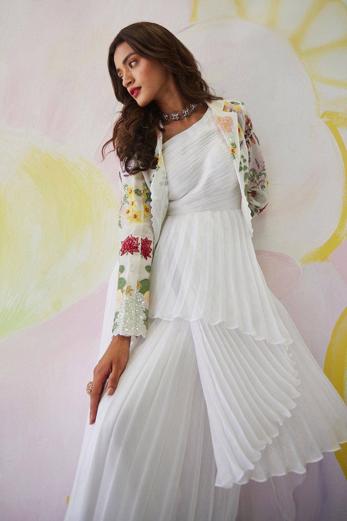 Rosewater Drift Handpainted Asymmetrical Gown with Crop Jacket