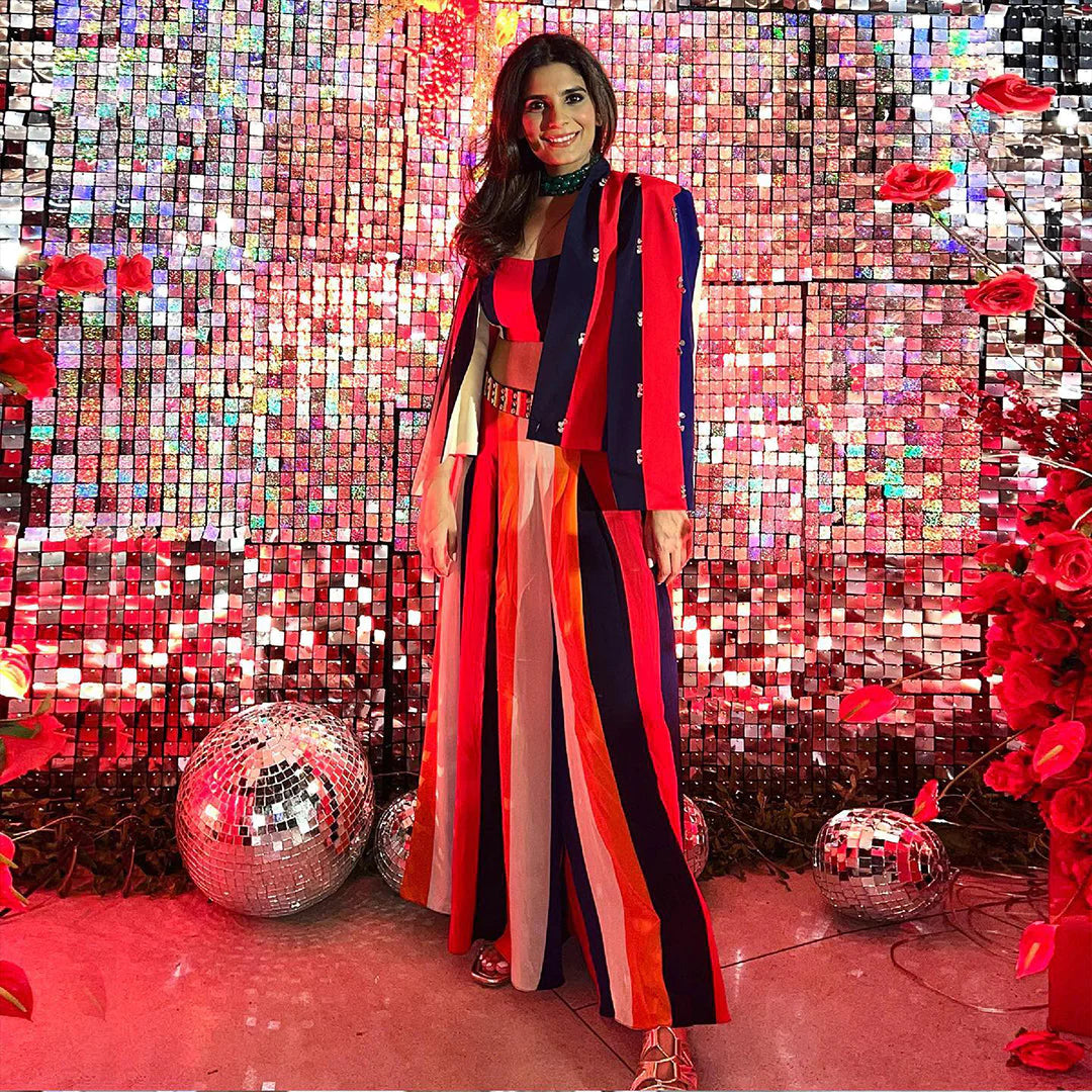 RASA STRIPES PRINT HIGHLIGHTED NOOR JACKET WITH BUSTIER AND PLEATED PANTS