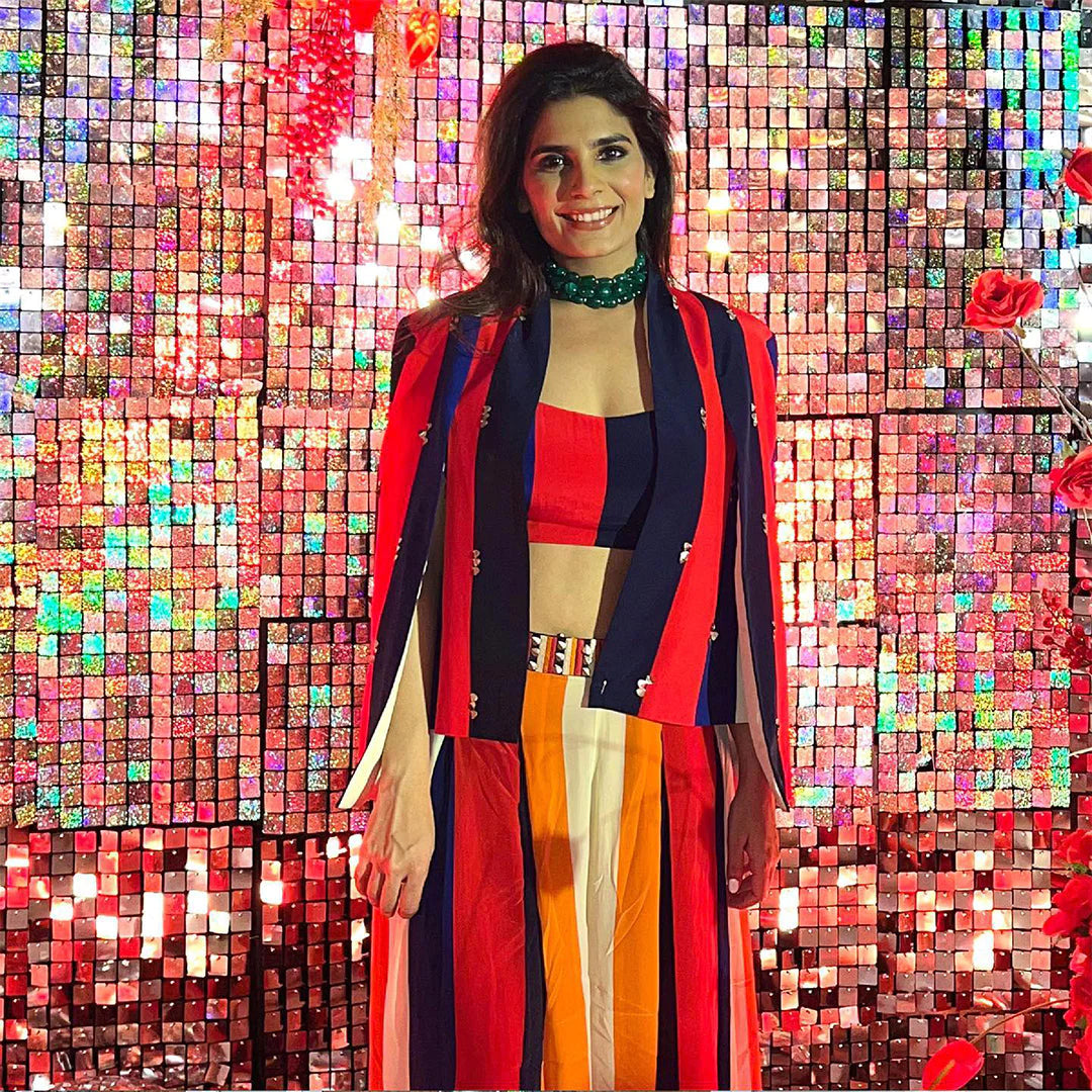 RASA STRIPES PRINT HIGHLIGHTED NOOR JACKET WITH BUSTIER AND PLEATED PANTS