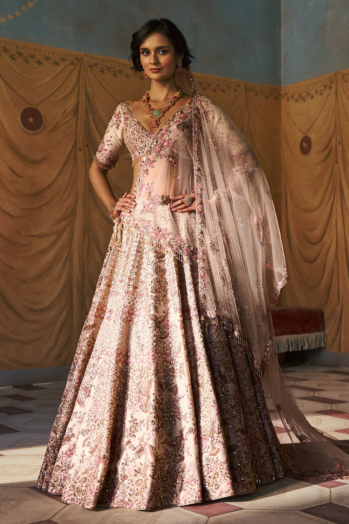 Couple Ring Ceremony Wedding Lightweight Lehenga For Engagement Light Pink  Bridal Lehenga Choli With Heavy Embroidered #