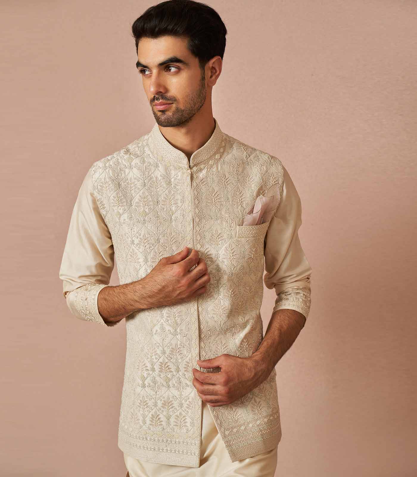 IVORY RAWSILK ARMAAN PEARL EMBROIDERED BANDI SET