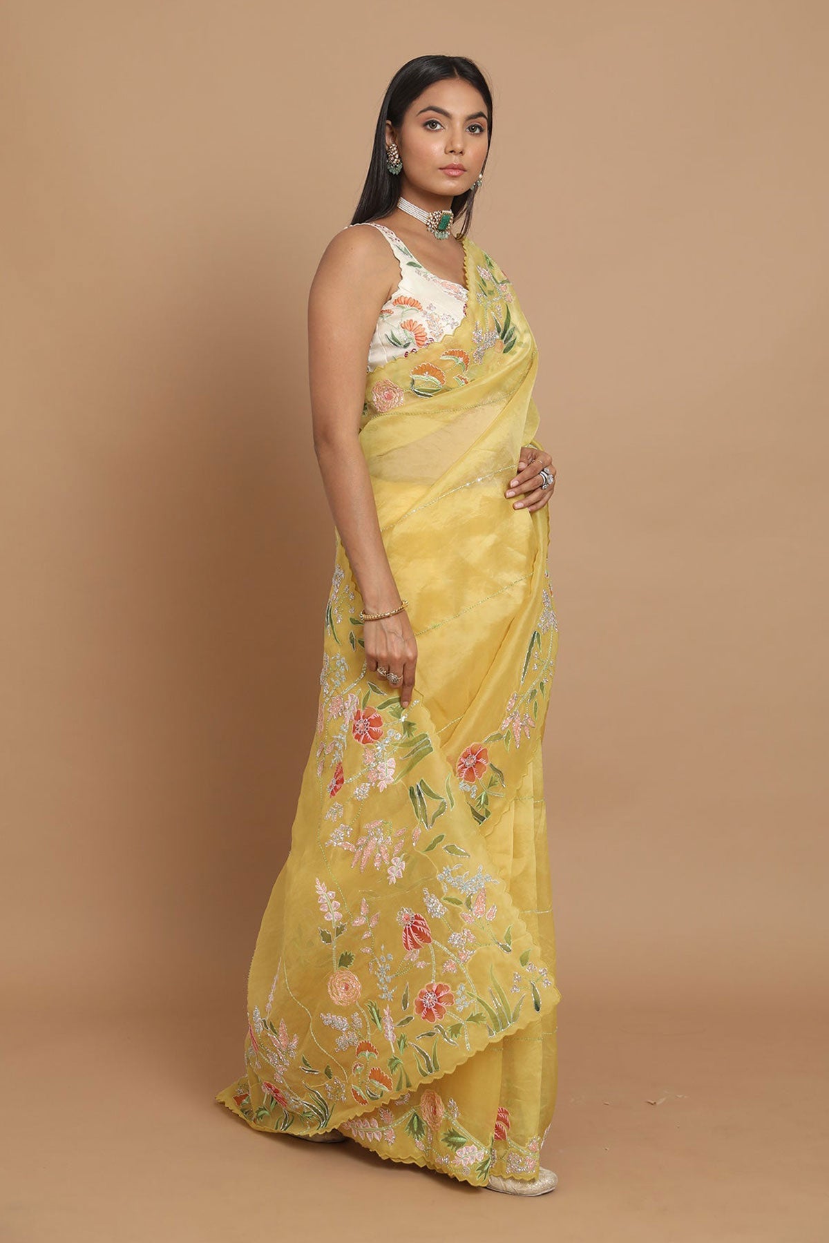 Yellow Floral Hand-Painted Saree