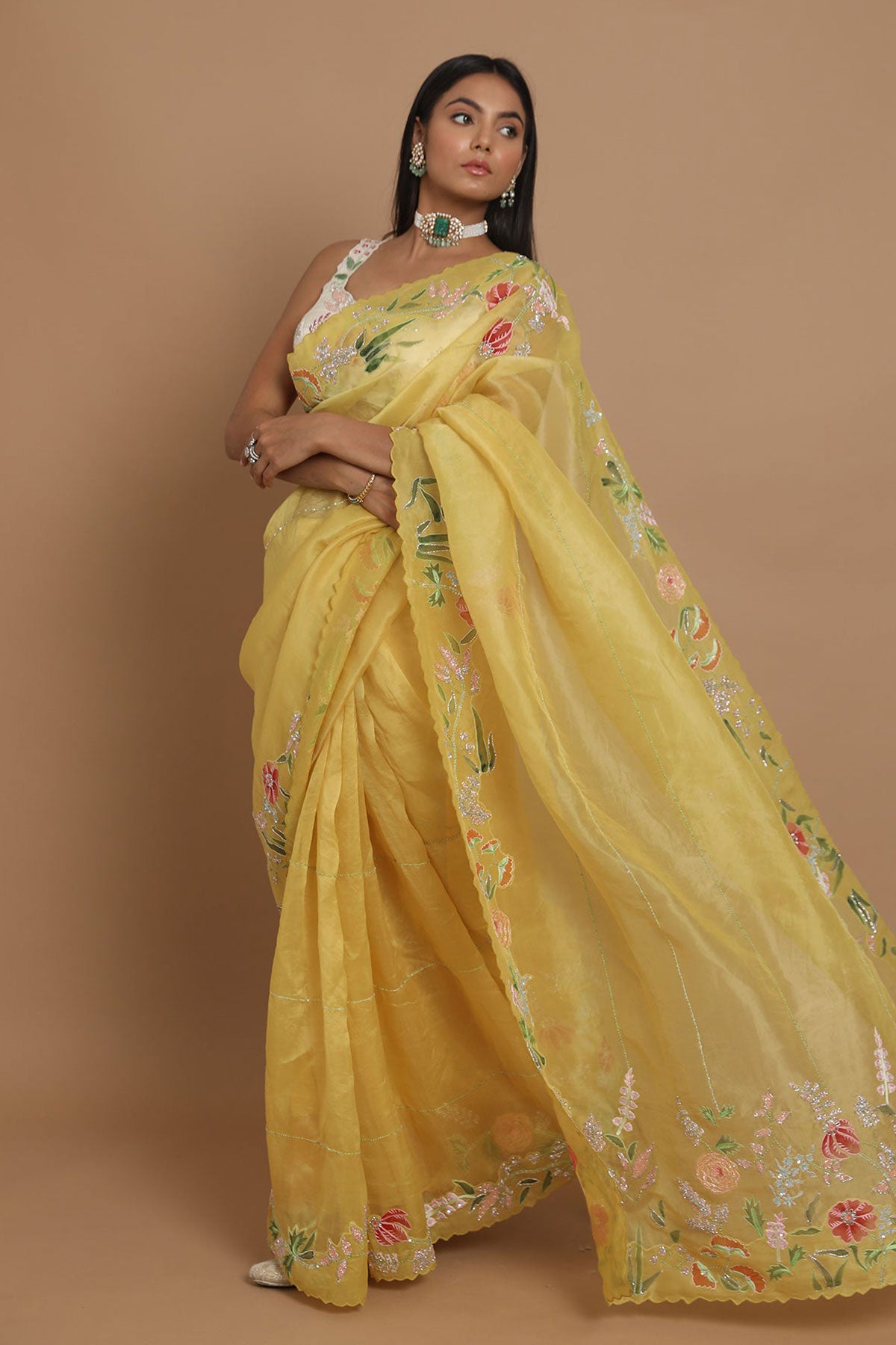 Yellow Floral Hand-Painted Saree