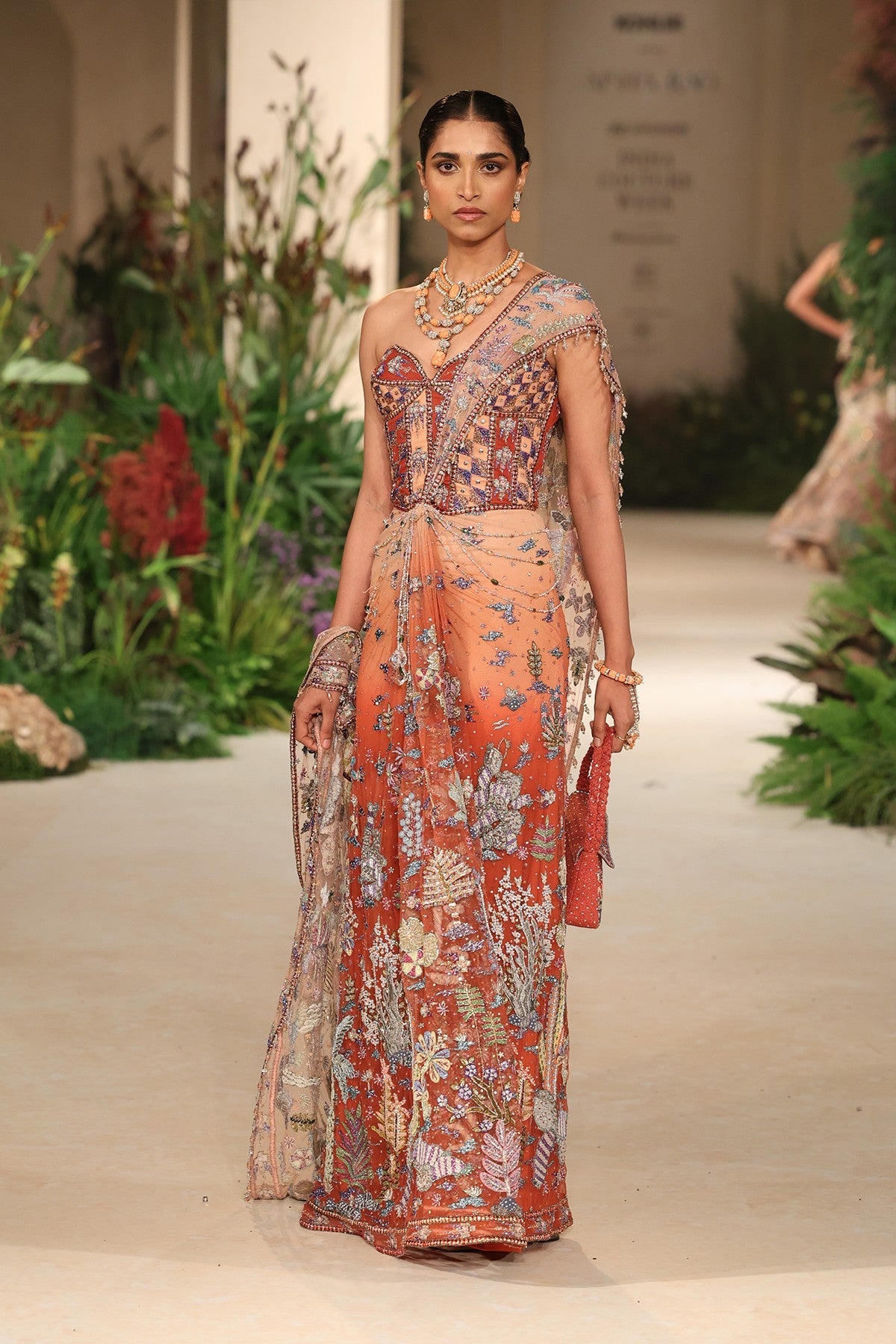 Whimrose - cantaloupe rust tulle drape saree