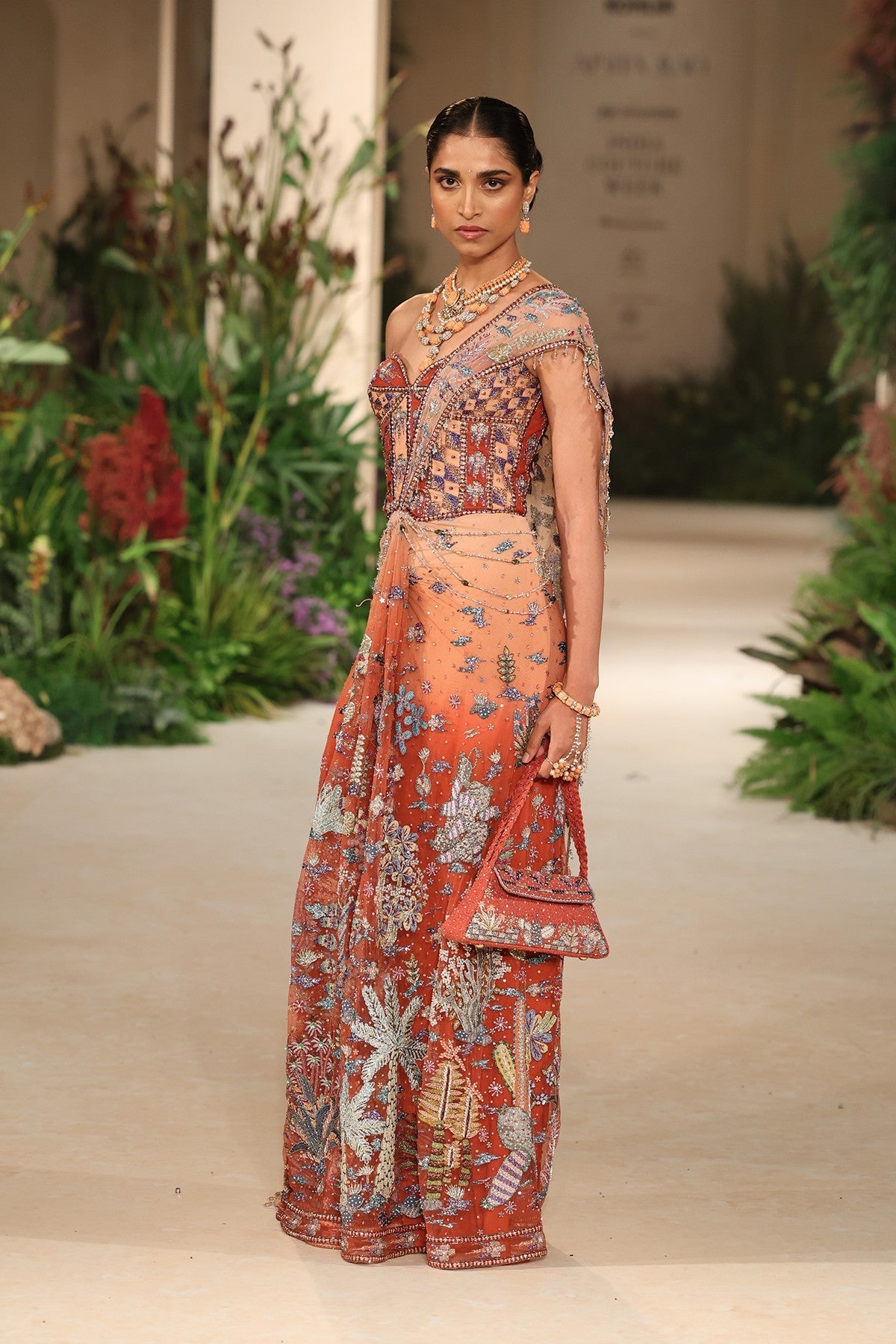Whimrose - cantaloupe rust tulle drape saree