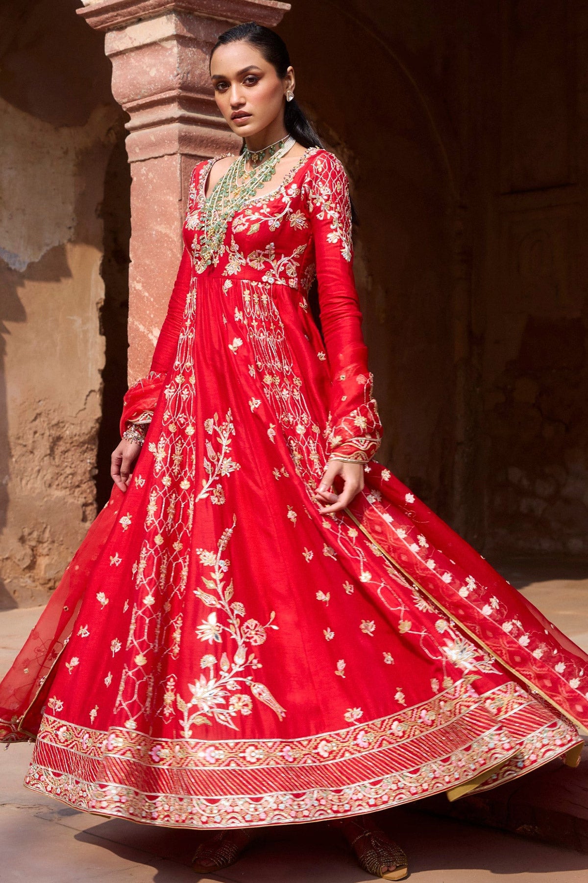 Red Silk Anarkali Set