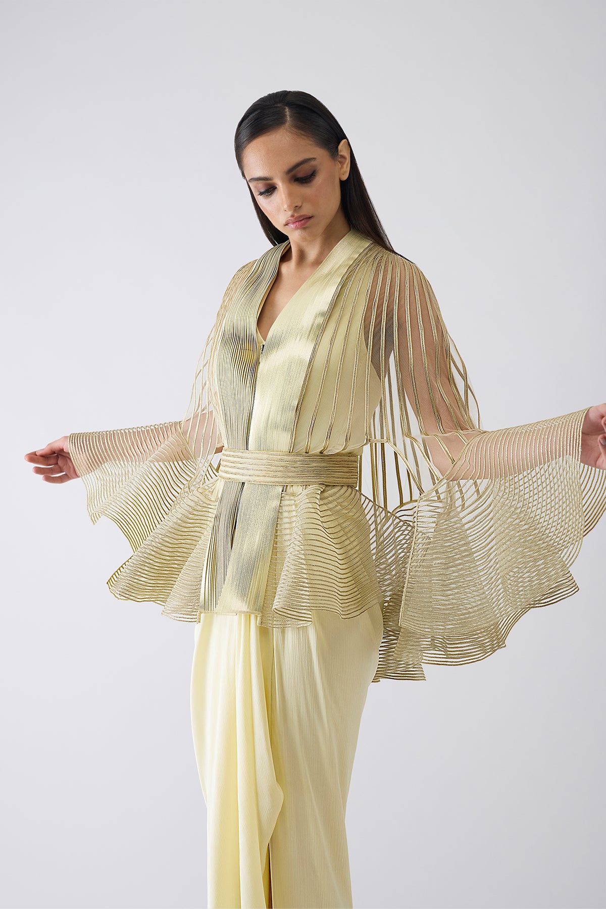 Metallic Corded Ruffle Cape And Dress With Belt