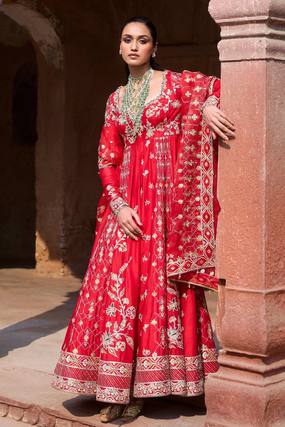 Red Silk Anarkali Set