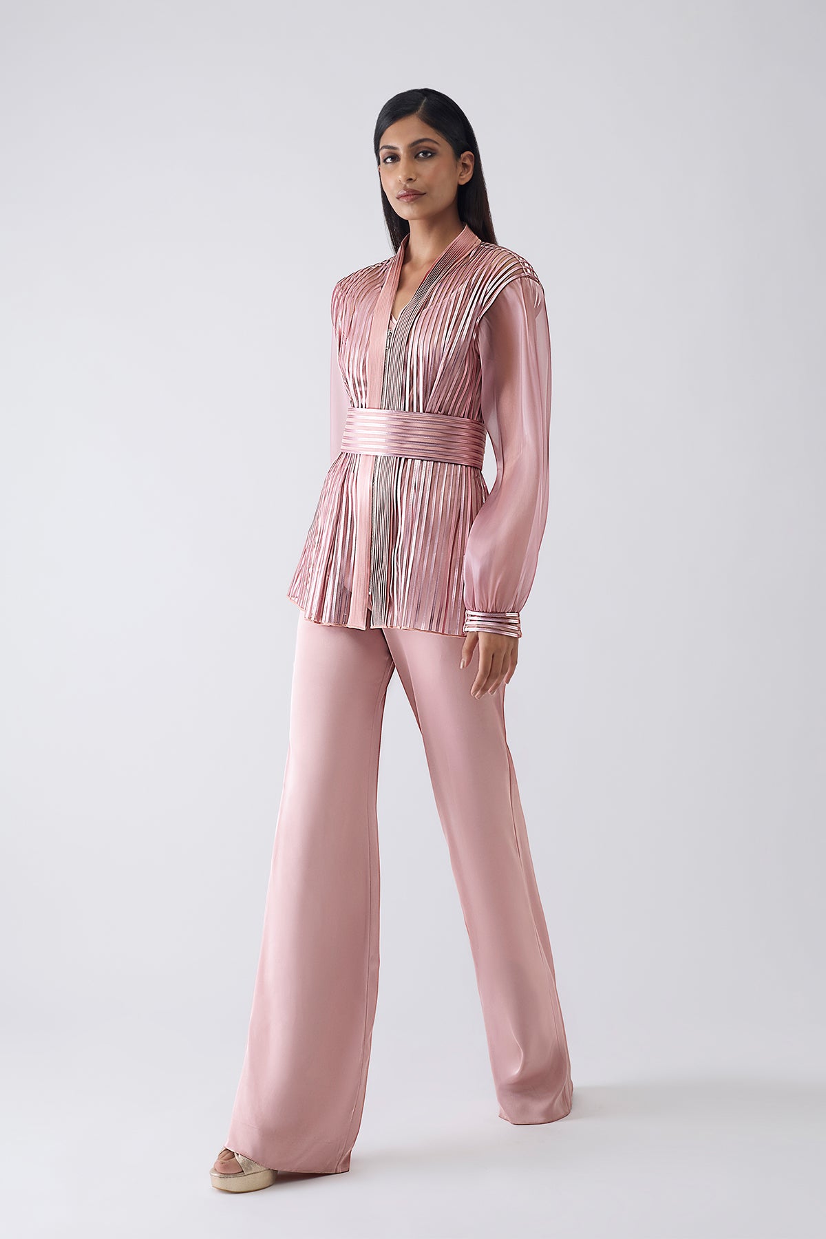 Metallic Structured Cape With Pants And Slip And Belt