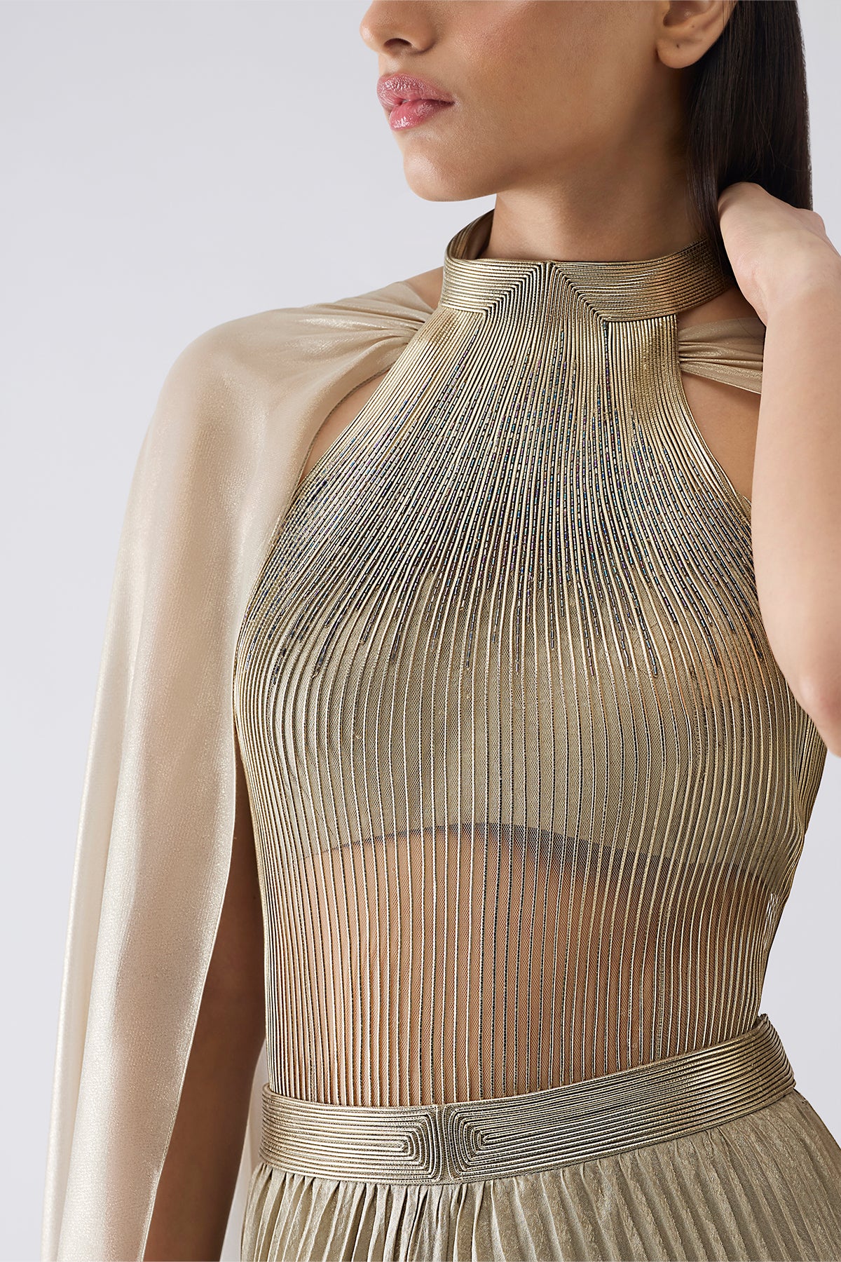 Corded Bodysuit With Pants And Drape On Both Shoulder