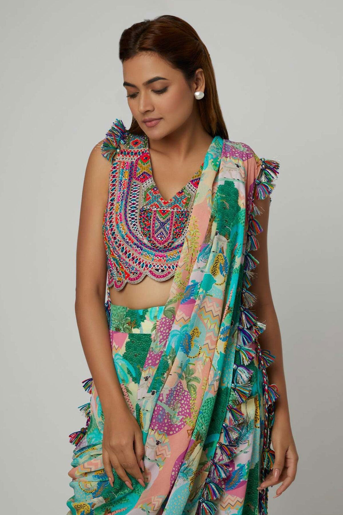 Multi Color Crepe Printed Forest V-neck Pre-draped Pant Saree With Blouse