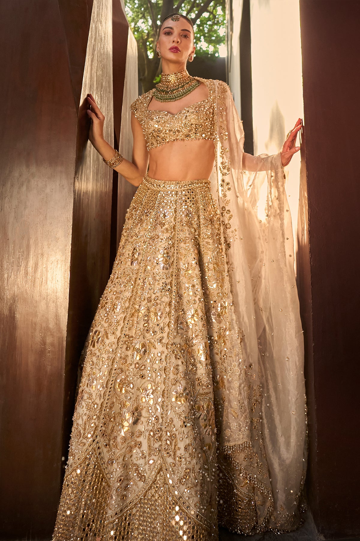 SILVER TISSUE MIRRORWORK LEHENGA SET