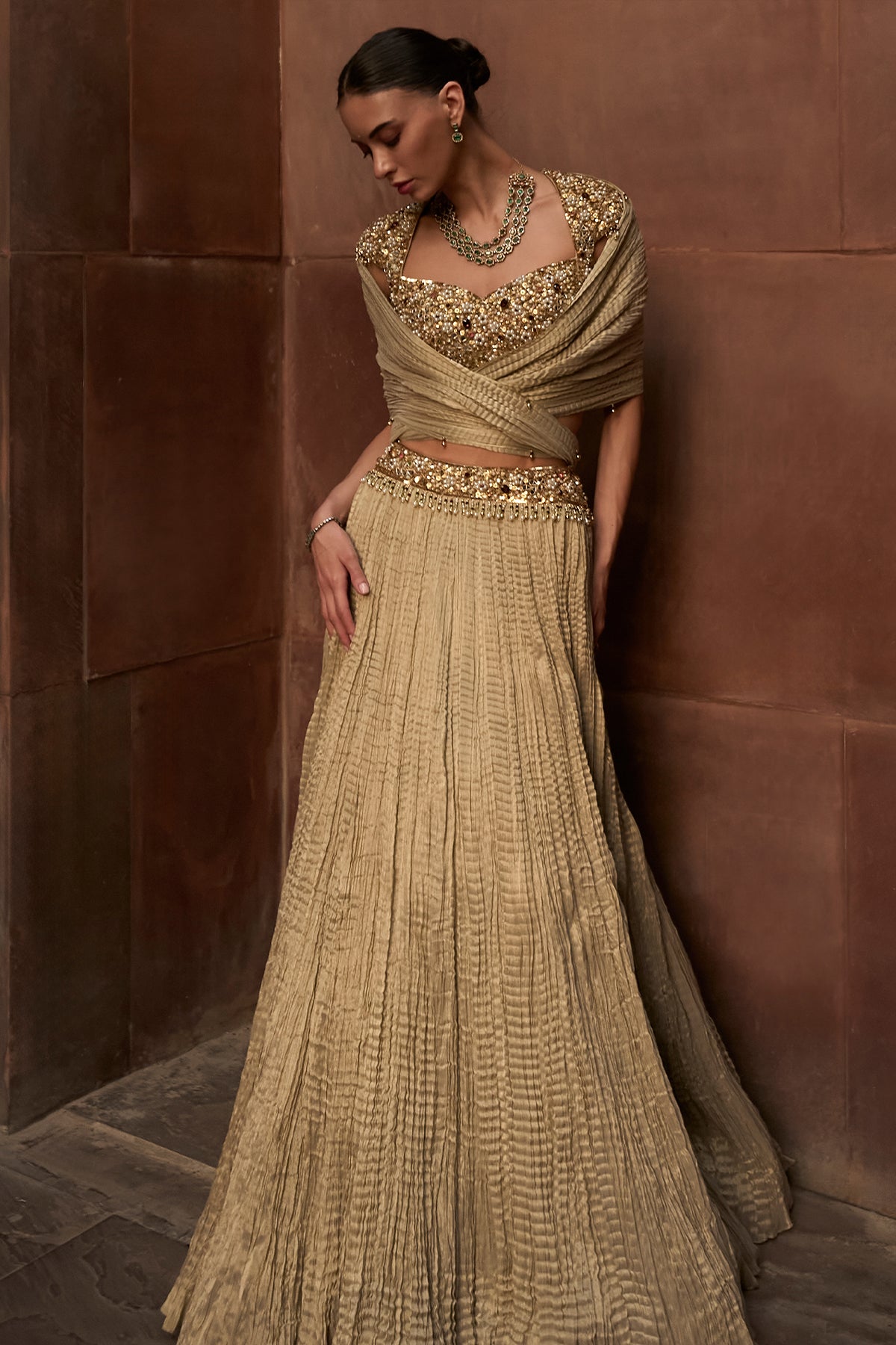 GOLDEN TISSUE CRUSH LEHENGA SET