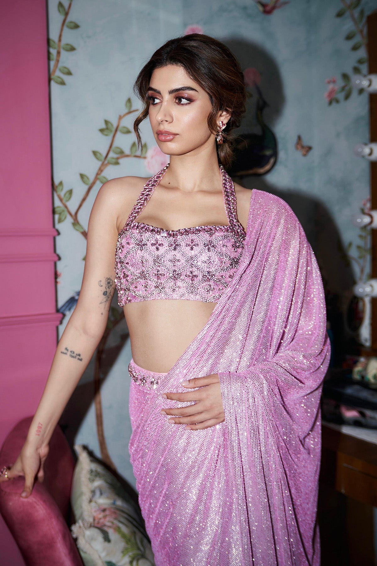 Khushi Kapoor in Pink Mystic Saree Set