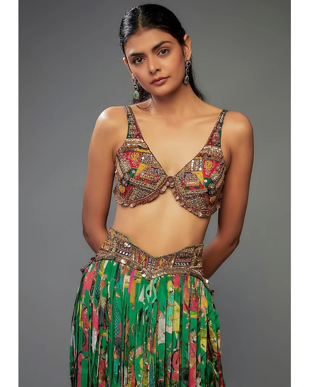 Green Crepe Printed Fringe Skirt Set