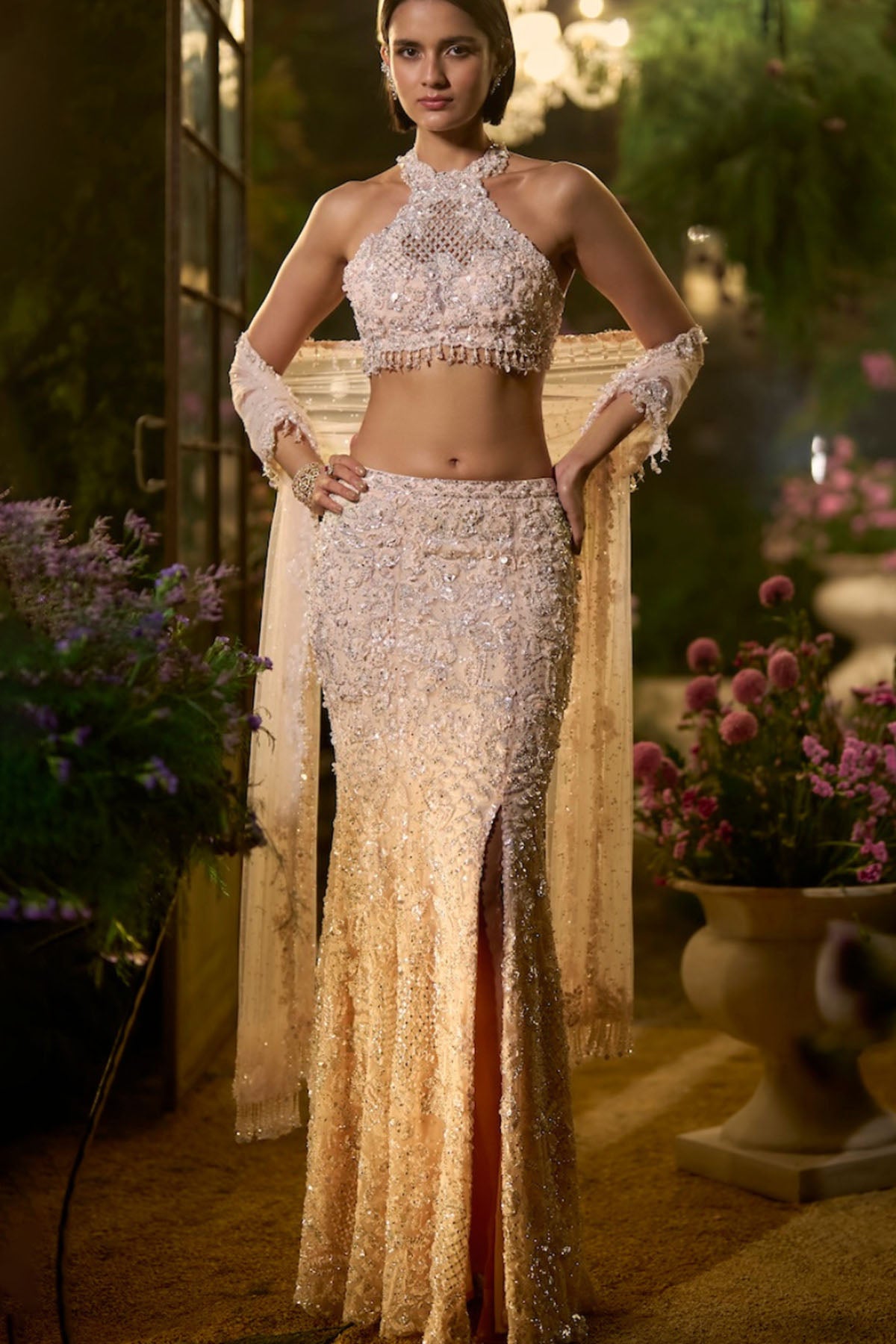 Powder Peach Slit Skirt Set