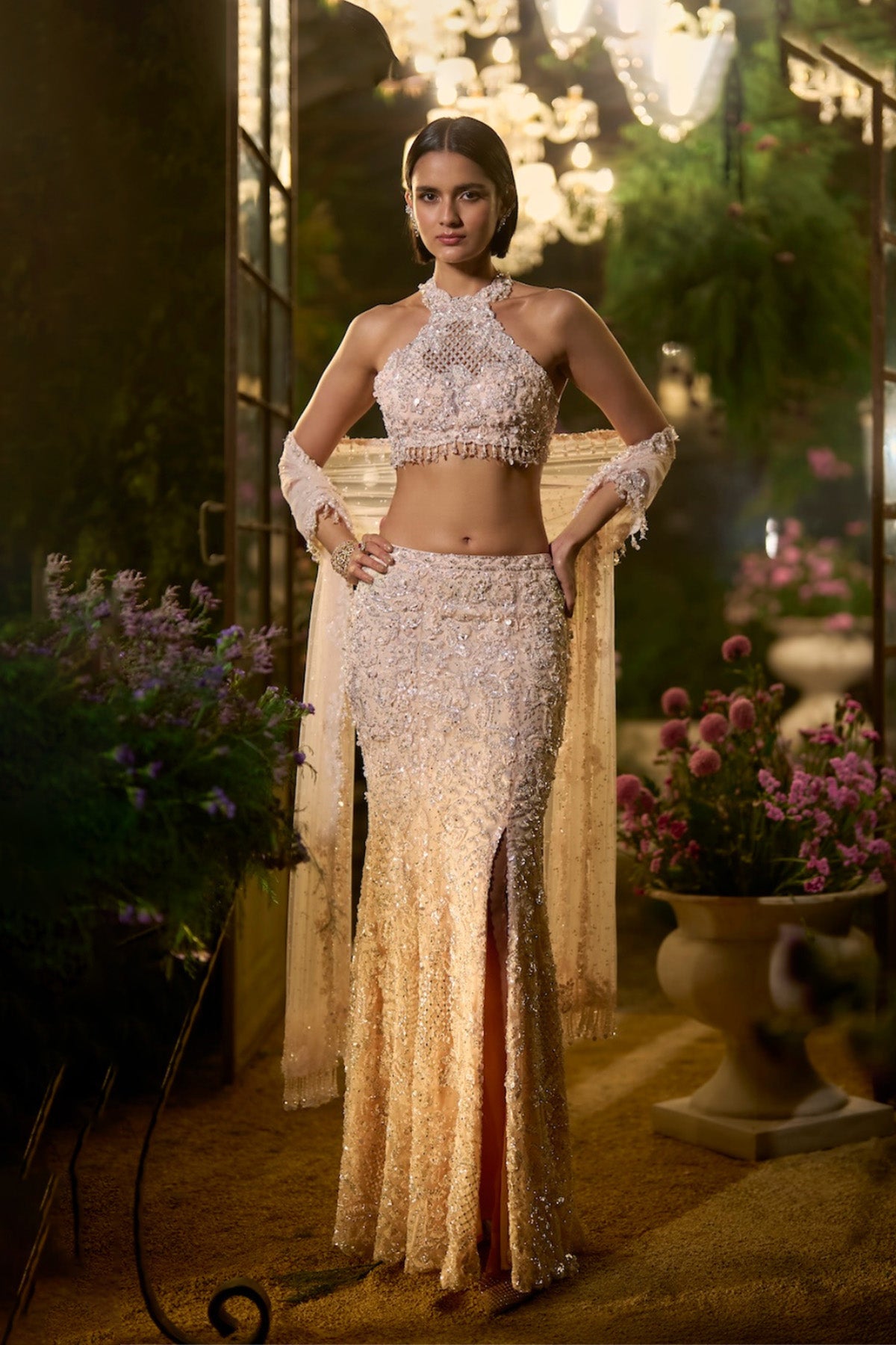 Powder Peach Slit Skirt Set